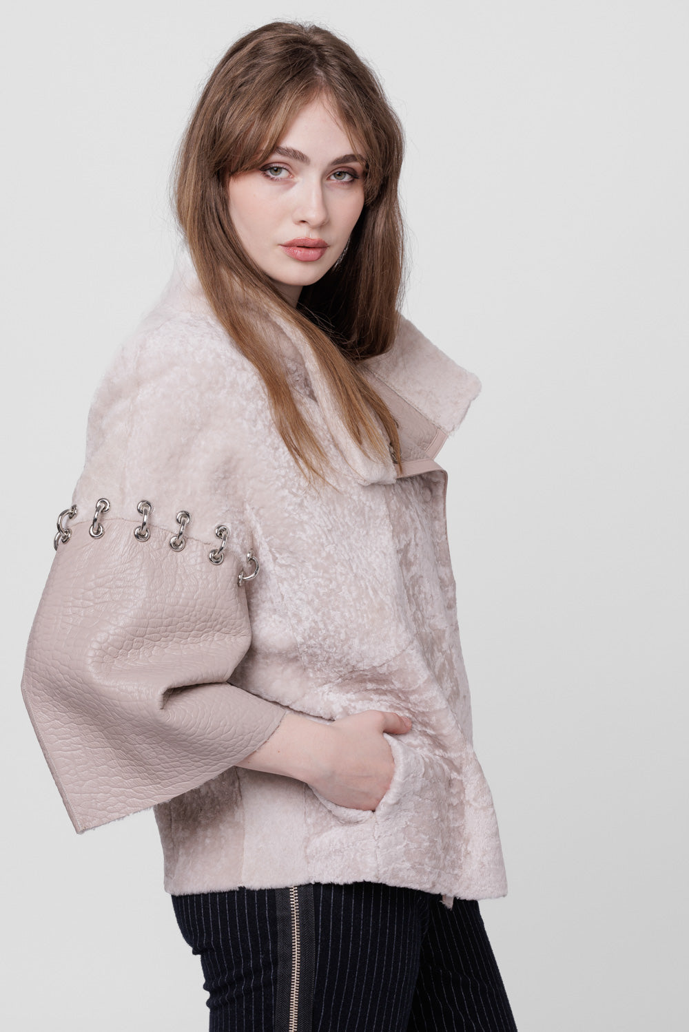 Women's Shearling Leather and Fur Poncho, Pearl 300