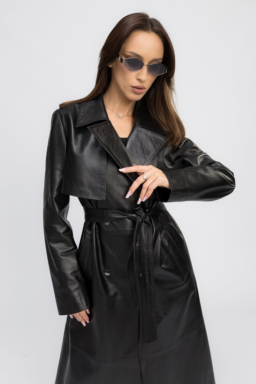 Trench din Piele Naturală, cu Guler Rever și Cordon, Femei, Obsidian Black 440