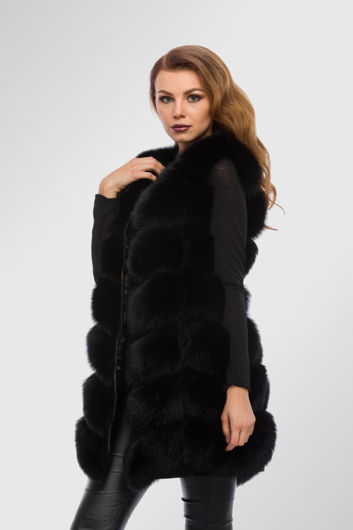 Vestă din Blană Naturală de Vulpe, Femei, Obsidian 328