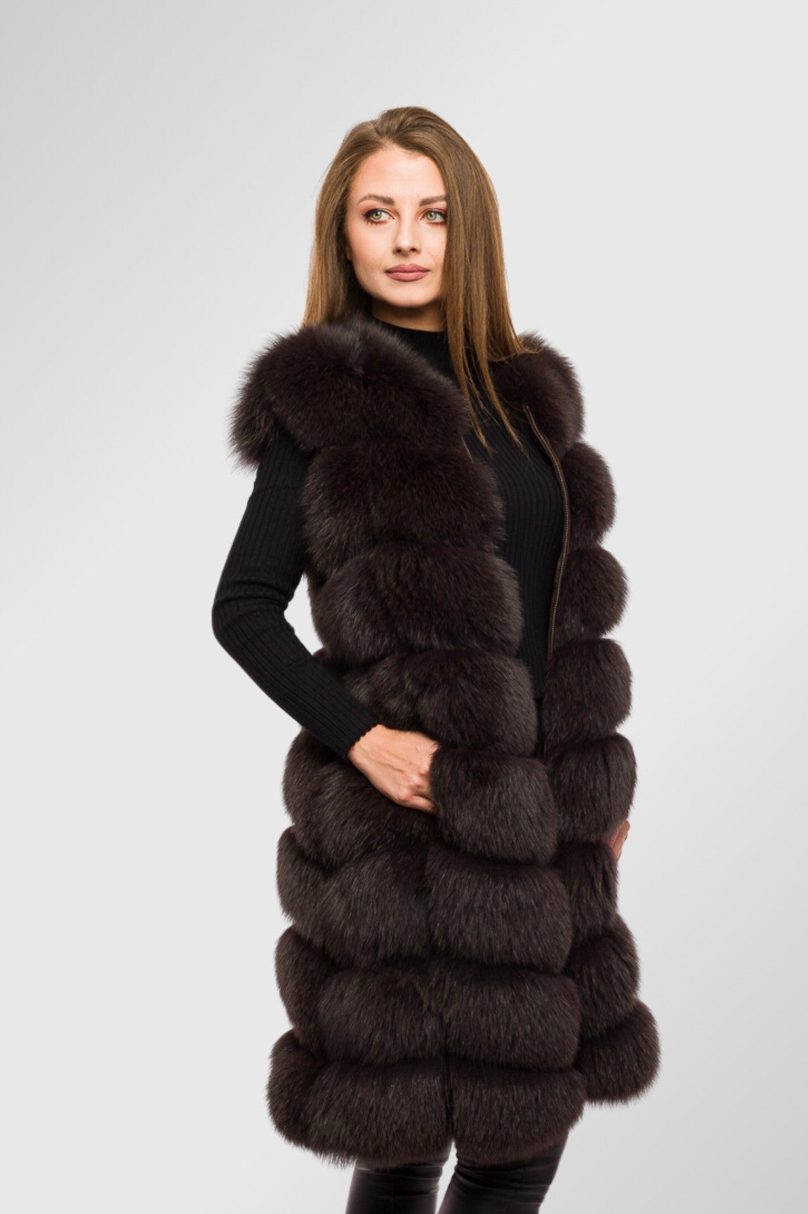 Vestă din Blană Naturală de Vulpe, Femei, Chocolate 322