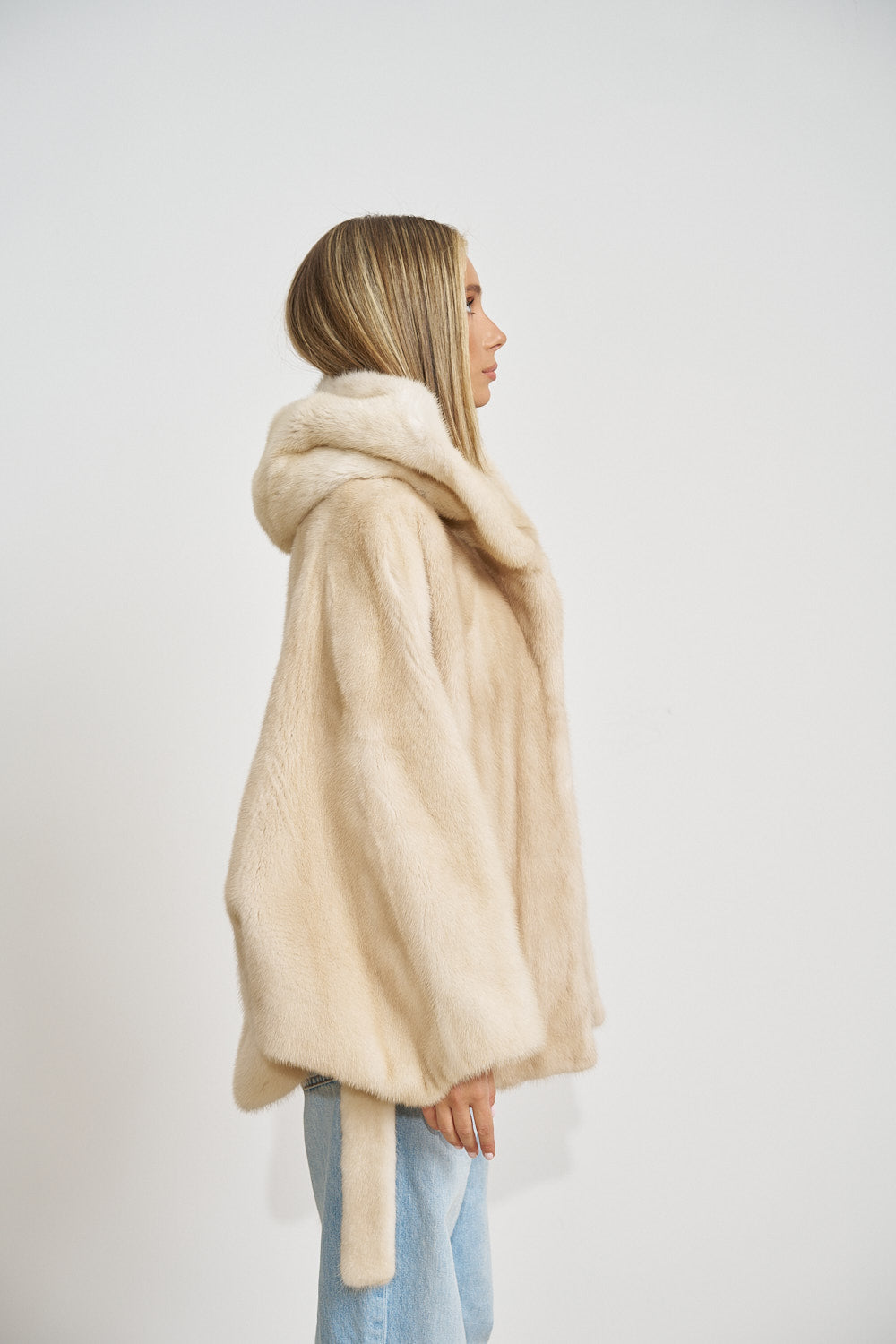 Natural Mink Fur Cape, with Hood and Belt, Pearl 689