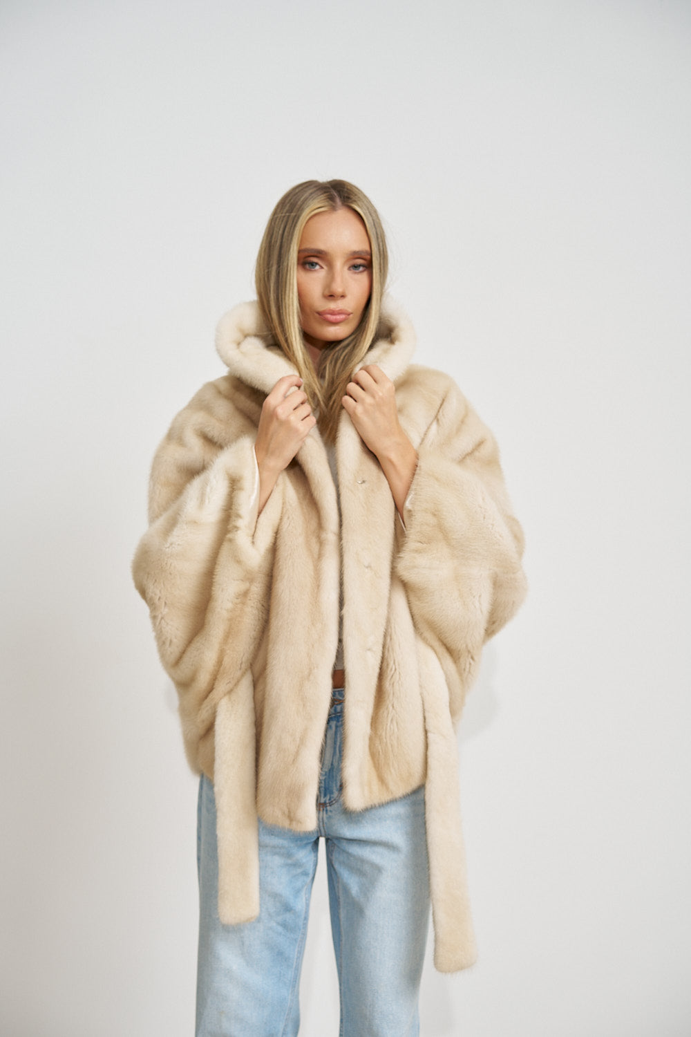 Natural Mink Fur Cape, with Hood and Belt, Pearl 689