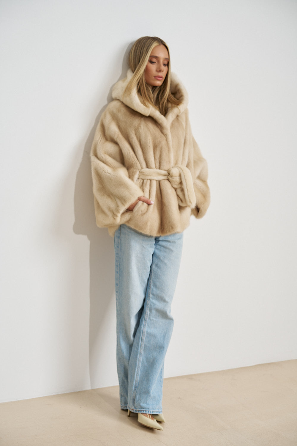 Natural Mink Fur Cape, with Hood and Belt, Pearl 689