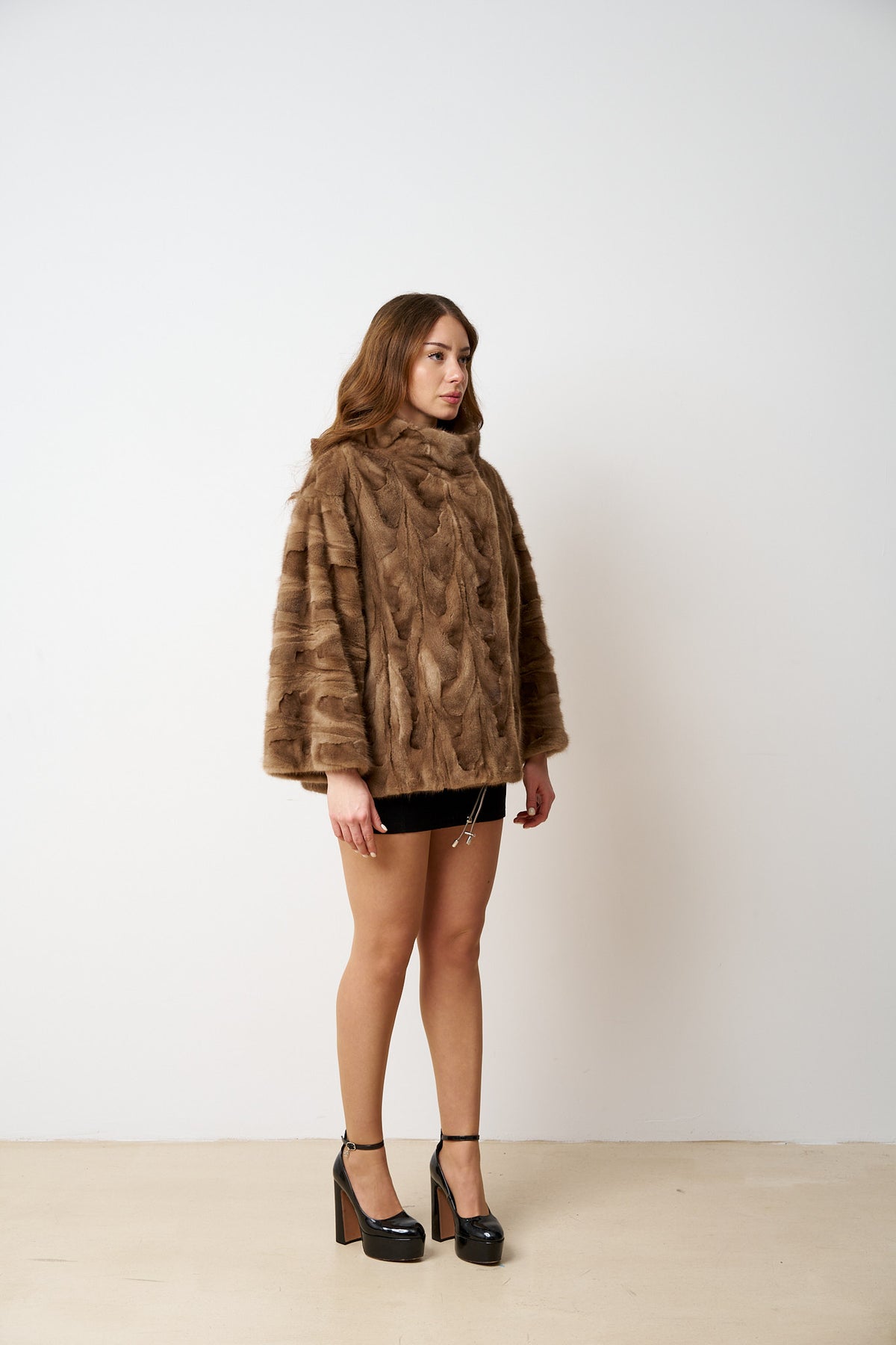 Cappotto in Pelliccia di Visone Naturale, Maniche a 3/4, Donna, Pastello 487