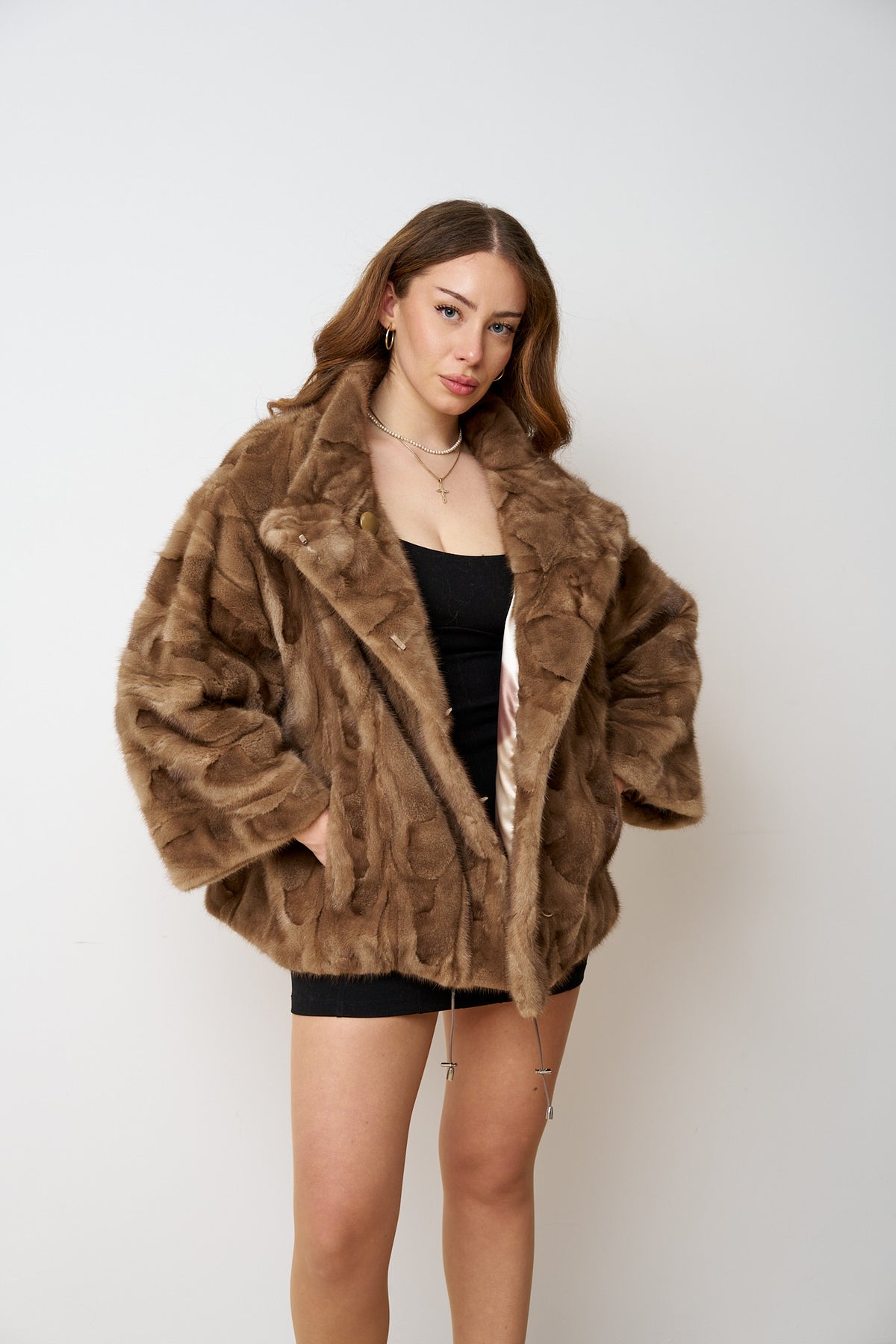 Cappotto in Pelliccia di Visone Naturale, Maniche a 3/4, Donna, Pastello 487
