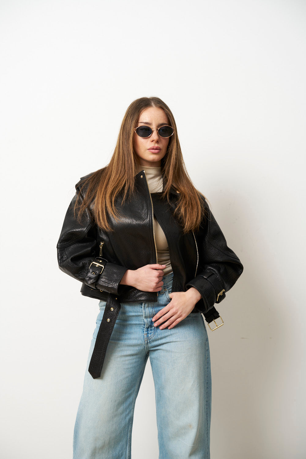 Geacă din Piele Naturală pentru Femei, Oversized, Negru, Mareus