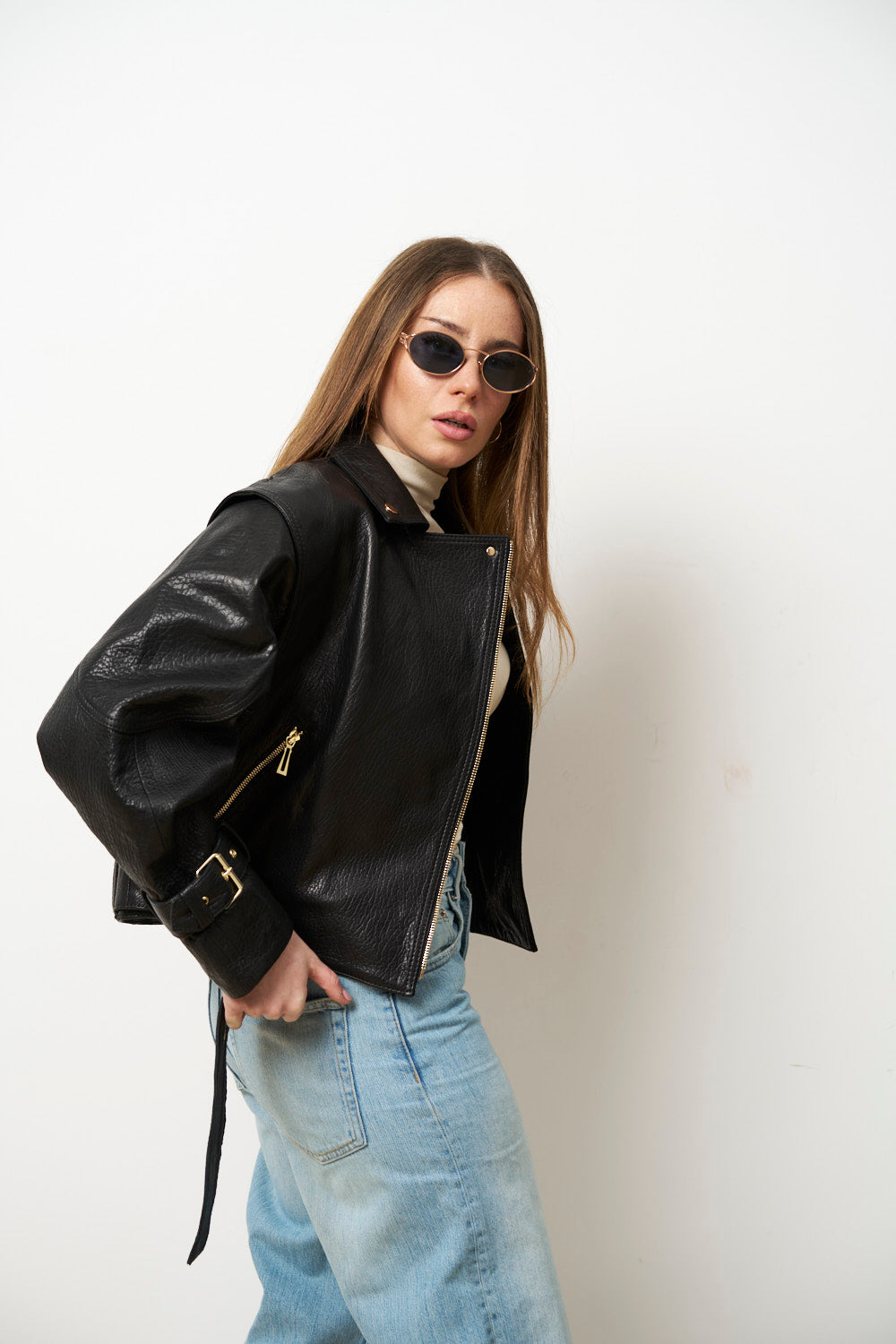 Geacă din Piele Naturală pentru Femei, Oversized, Negru, Mareus