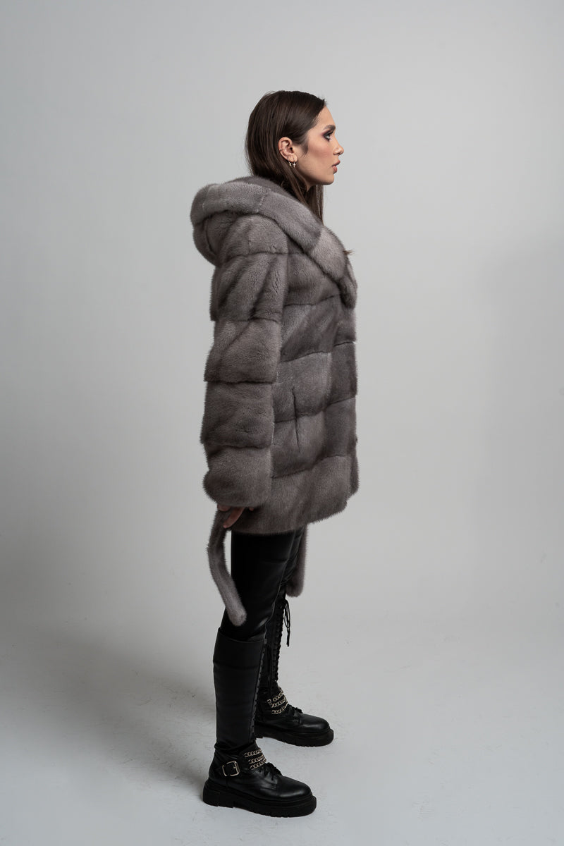 CAPPOTTO IN PELLICCIA DI VISONE GRIGIO CON CAPPUCCIO COBRA MAREUS
