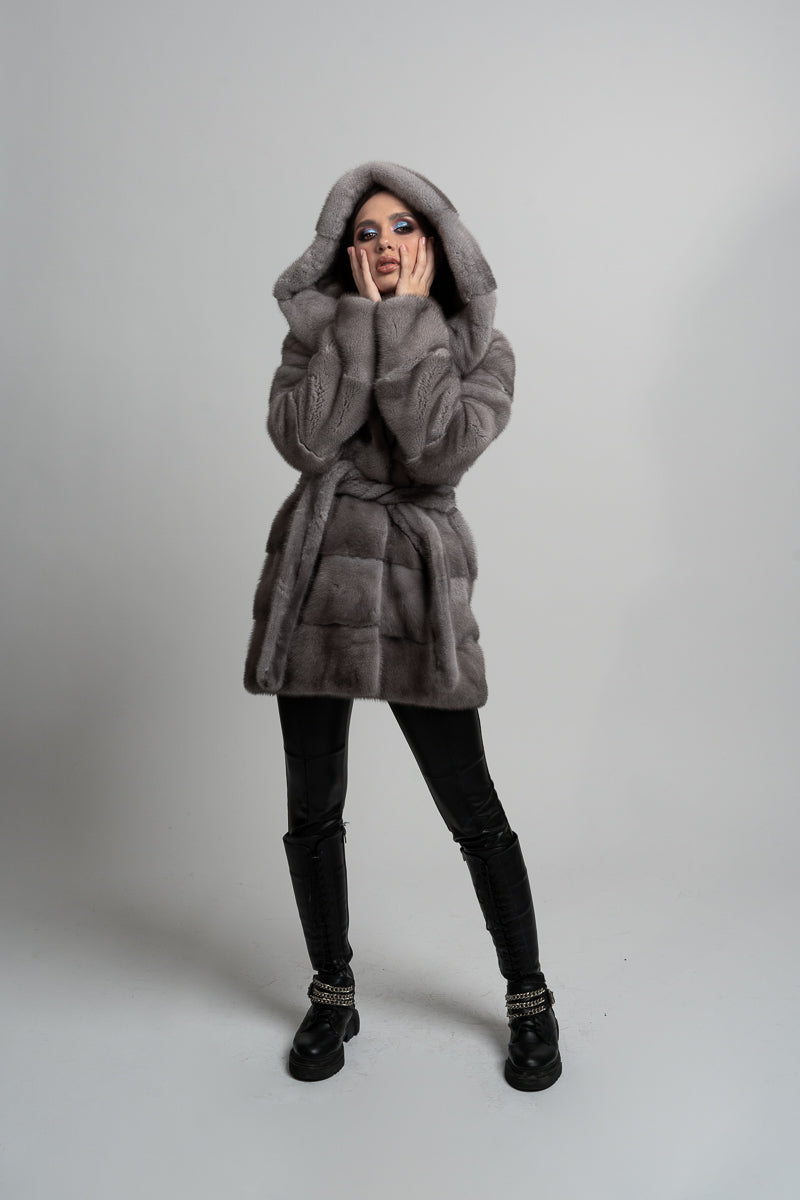 CAPPOTTO IN PELLICCIA DI VISONE GRIGIO CON CAPPUCCIO COBRA MAREUS