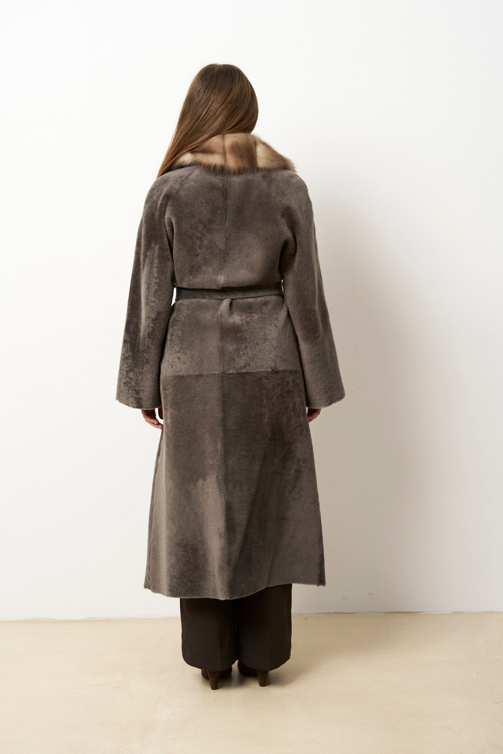 Natural Spanish Merino Wool Fur Coat with Marten Fur Collar, Women, Gray, Mareus