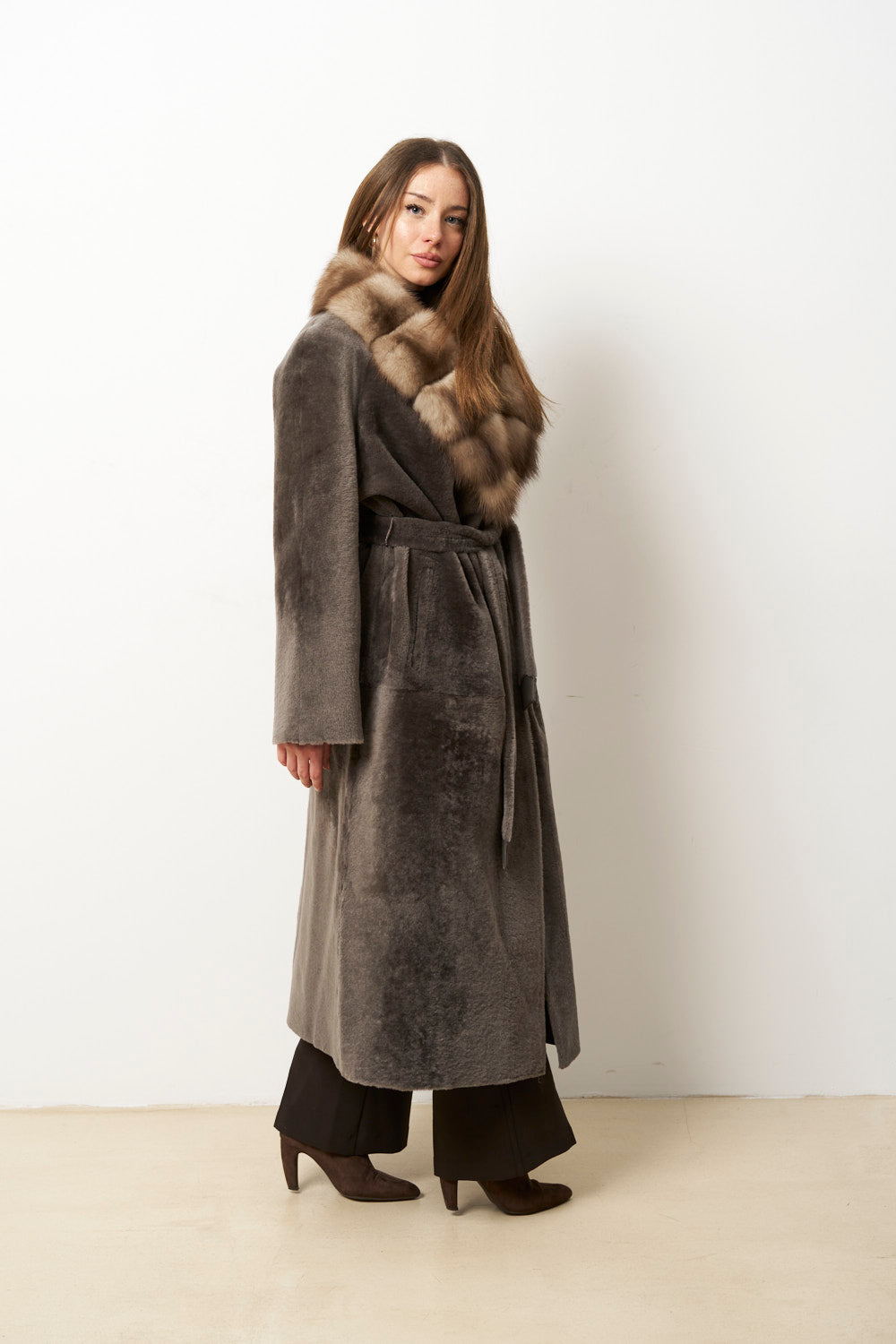 Natural Spanish Merino Wool Fur Coat with Marten Fur Collar, Women, Gray, Mareus