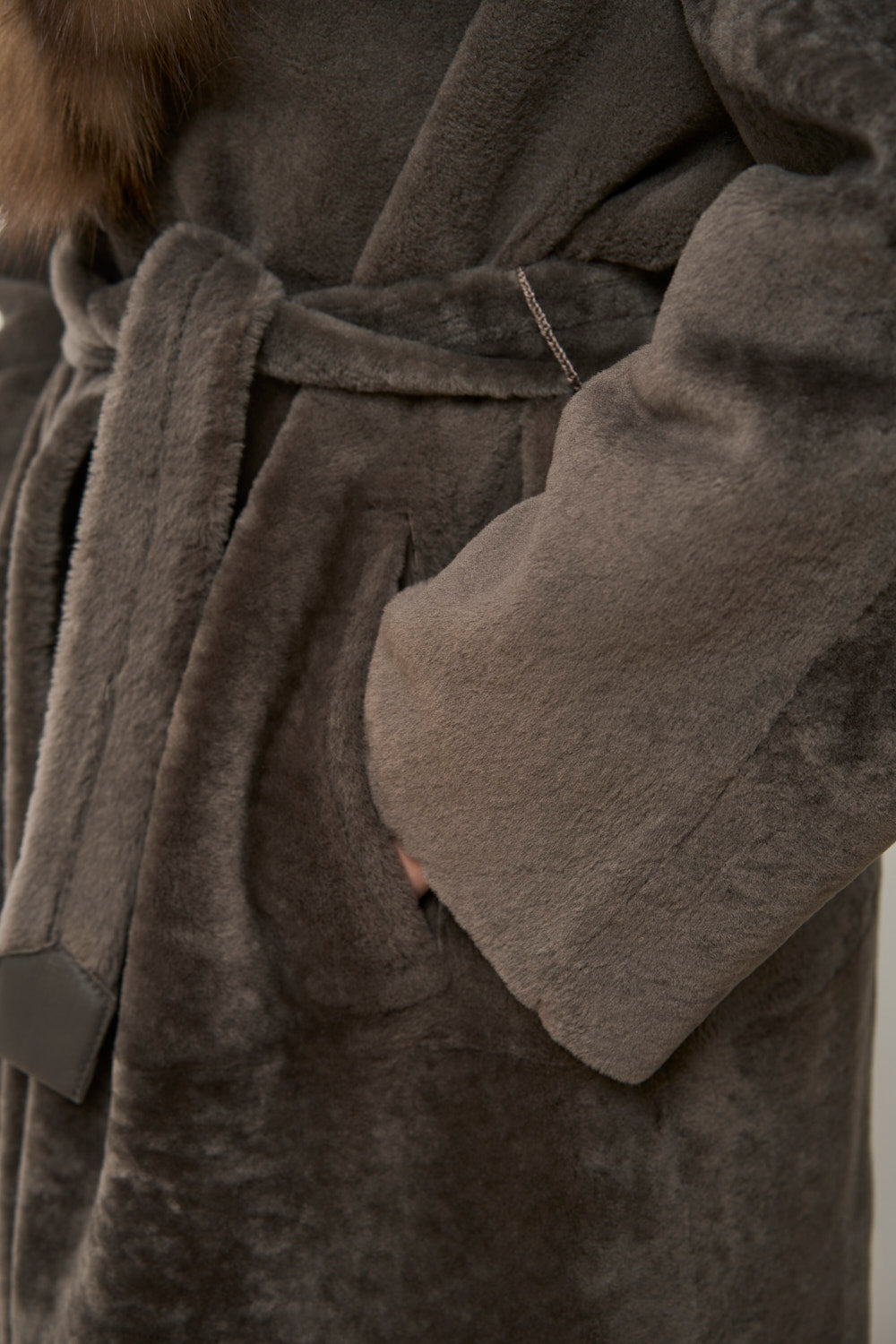 Natural Spanish Merino Wool Fur Coat with Marten Fur Collar, Women, Gray, Mareus
