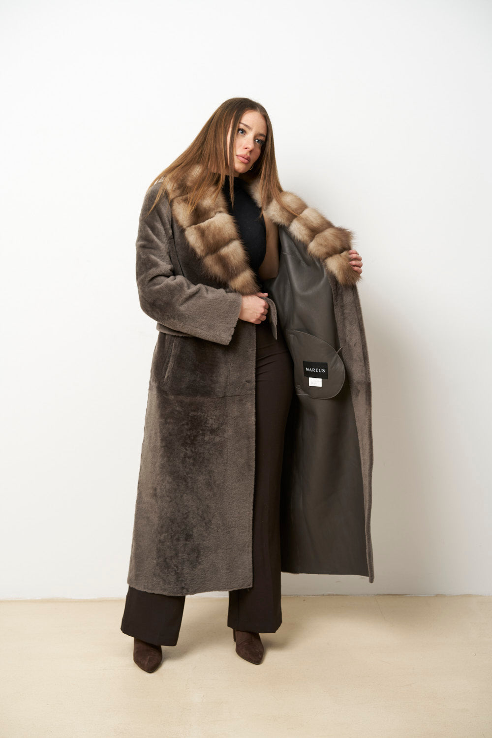 Natural Spanish Merino Wool Fur Coat with Marten Fur Collar, Women, Gray, Mareus