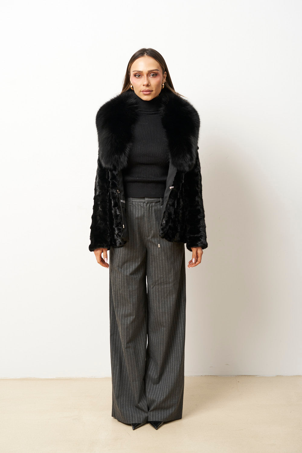 Natural Mink Fur Coat with Fox Collar, Black, Mareus