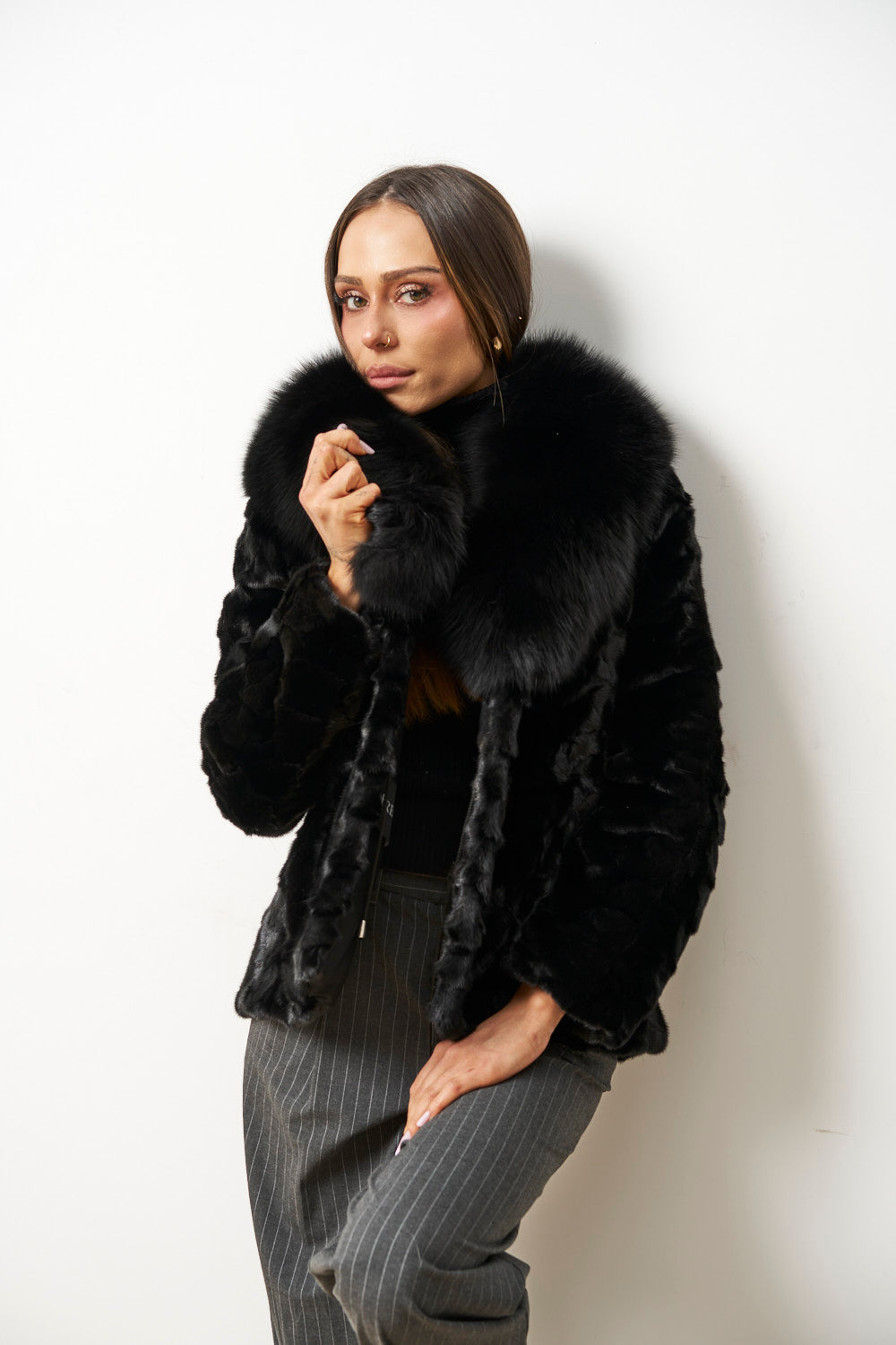 Natural Mink Fur Coat with Fox Collar, Black, Mareus