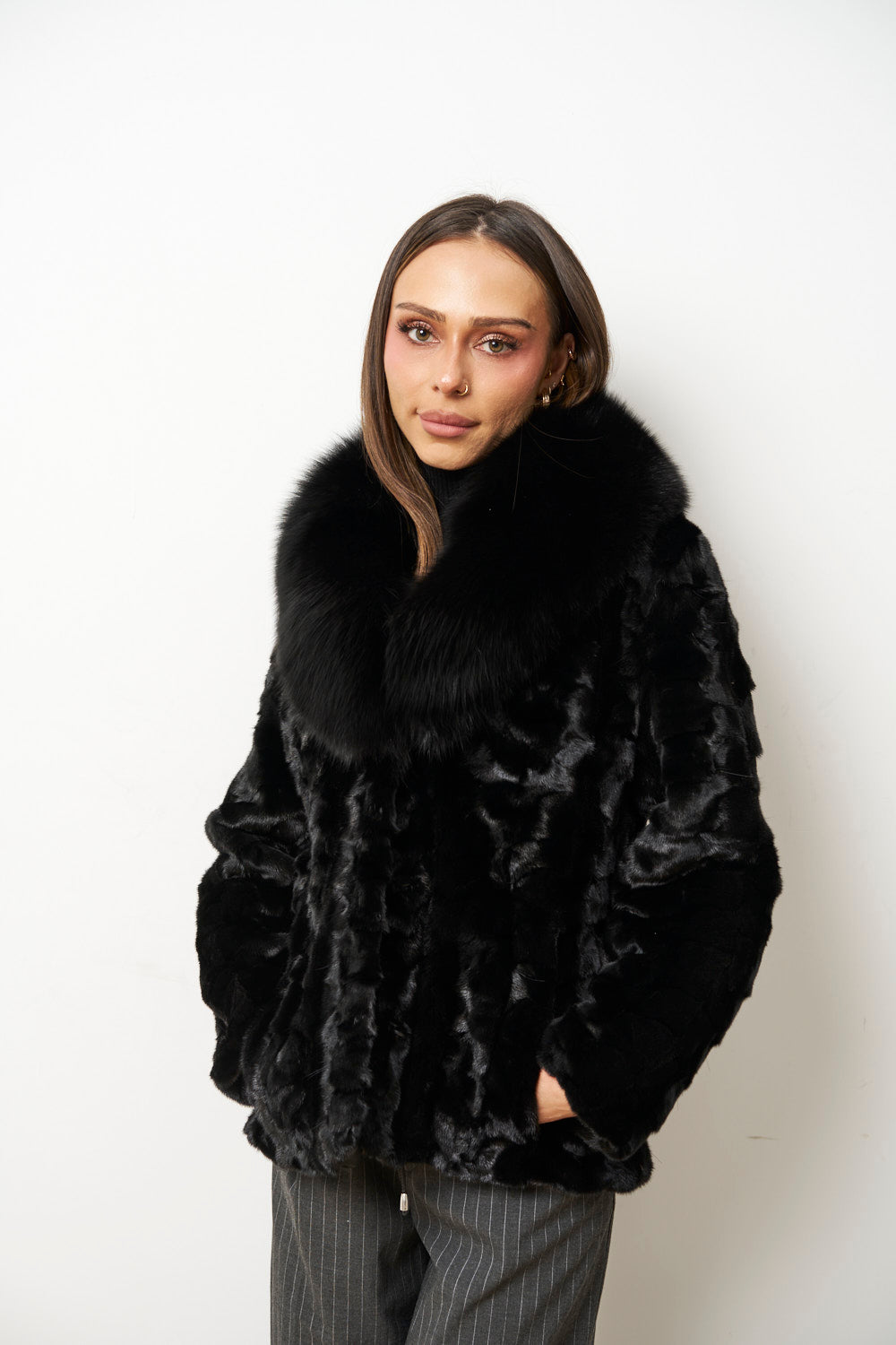 Natural Mink Fur Coat with Fox Collar, Black, Mareus