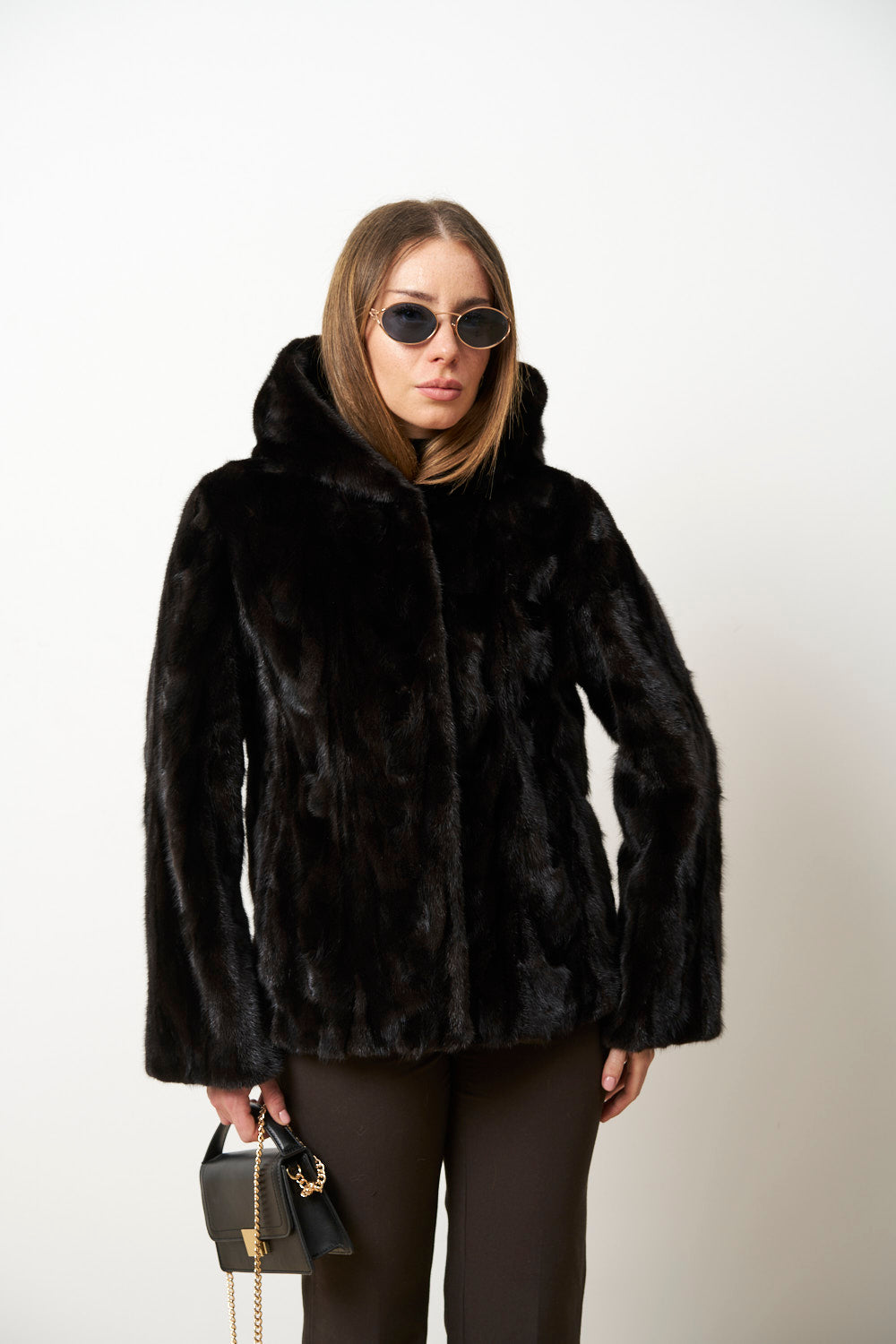 Cappotto in Pelliccia di Visone Naturale con Cappuccio da Donna, Cambrata, Nero, Mareus