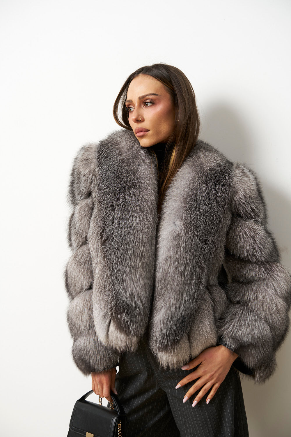 Natürlicher Fuchspelzmantel für Damen, Silber, Grau, Mareus