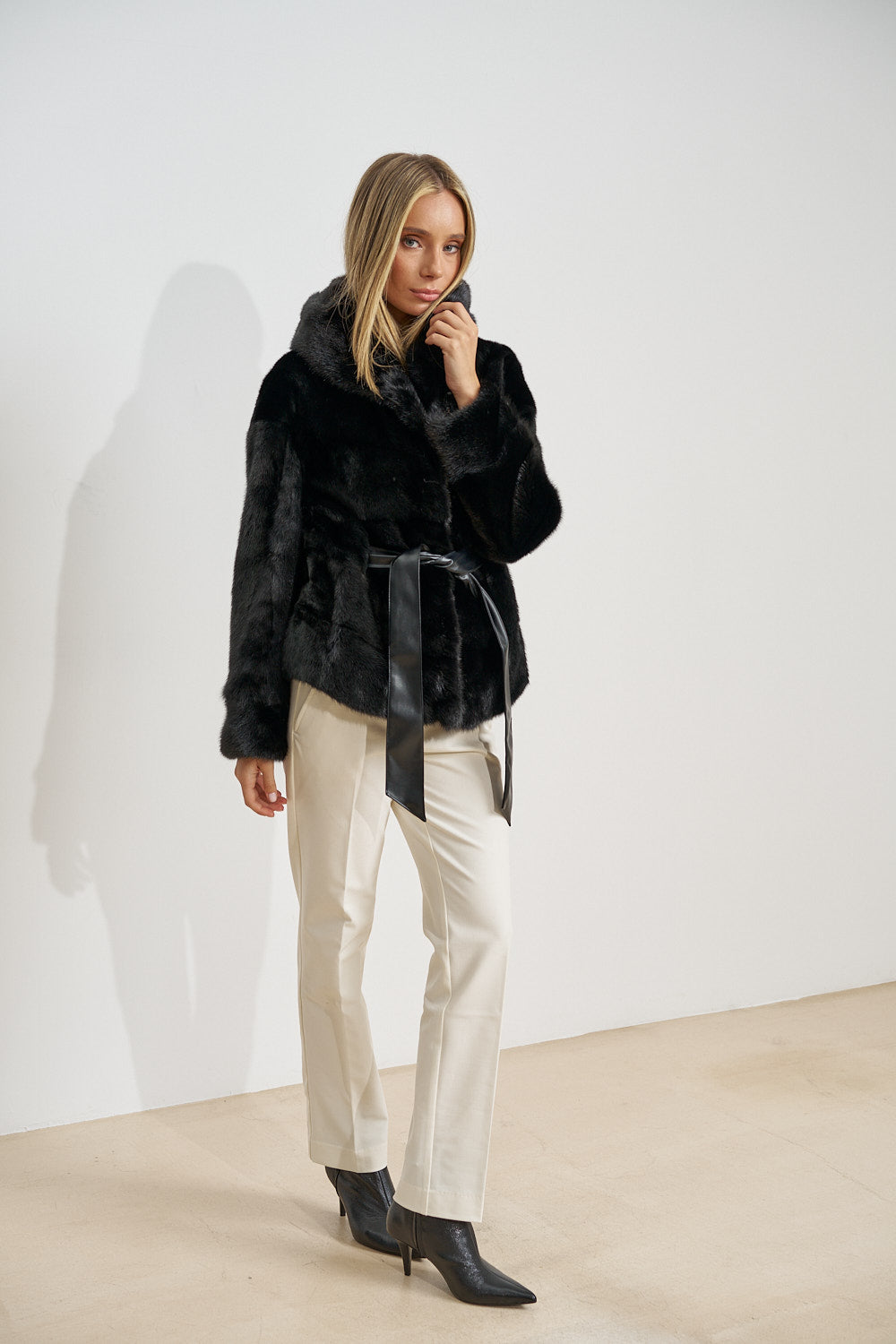 Natural Mink Fur Coat, with Hood, Leather Belt, Obsidian 695