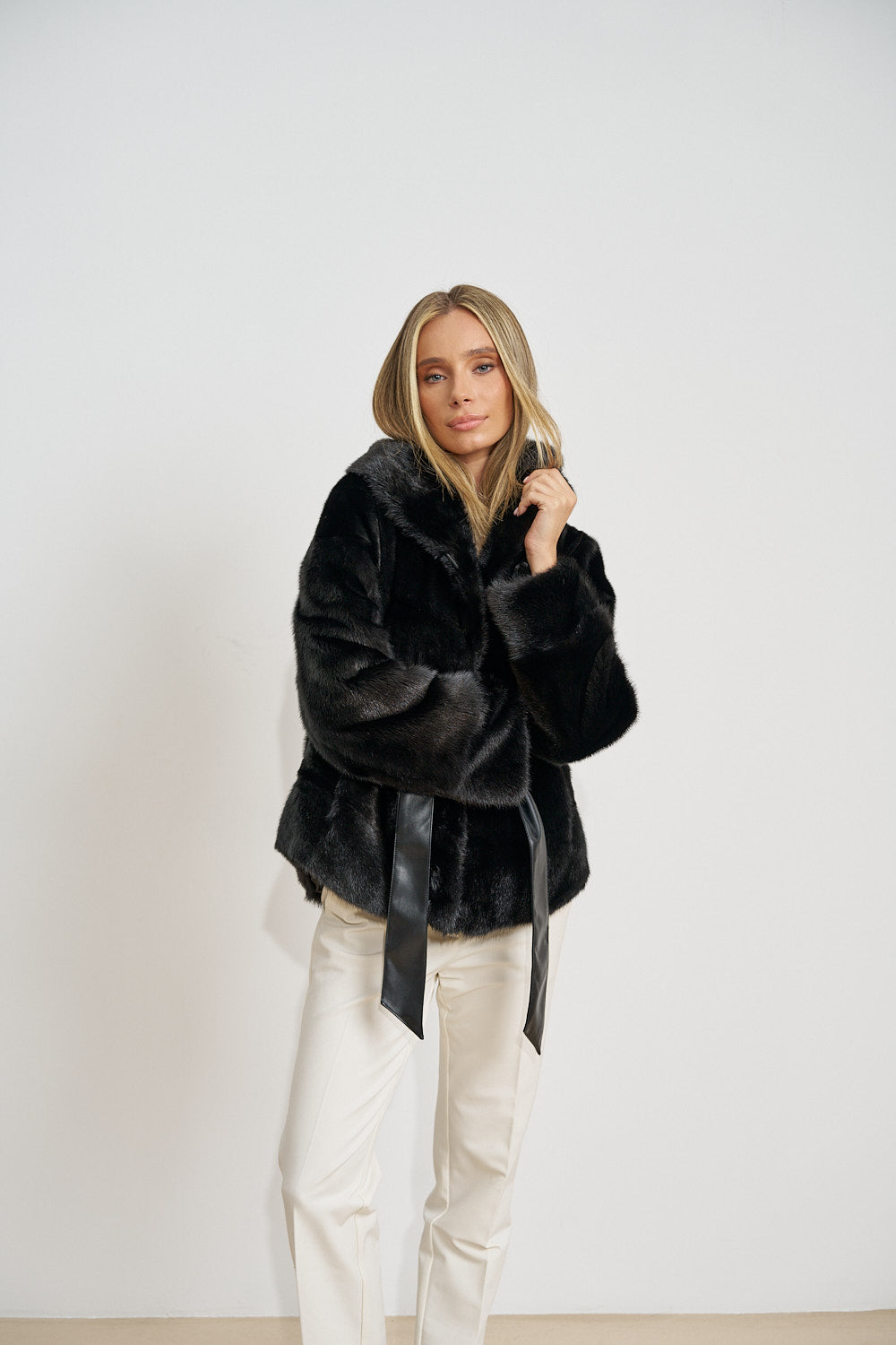 Natural Mink Fur Coat, with Hood, Leather Belt, Obsidian 695