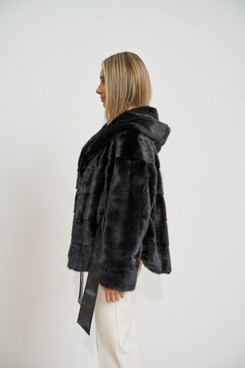 Natural Mink Fur Coat, with Hood, Leather Belt, Obsidian 695