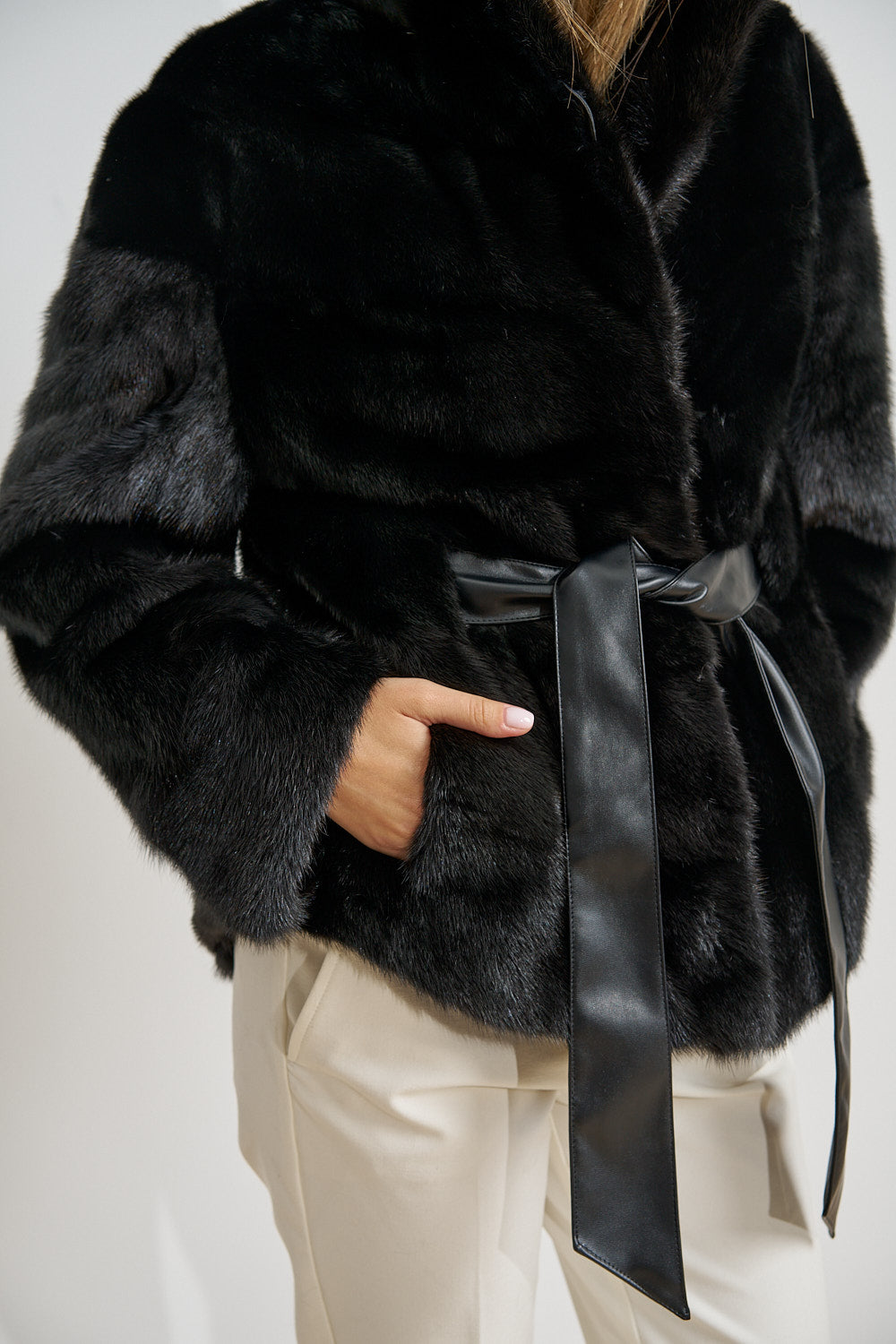 Natural Mink Fur Coat, with Hood, Leather Belt, Obsidian 695