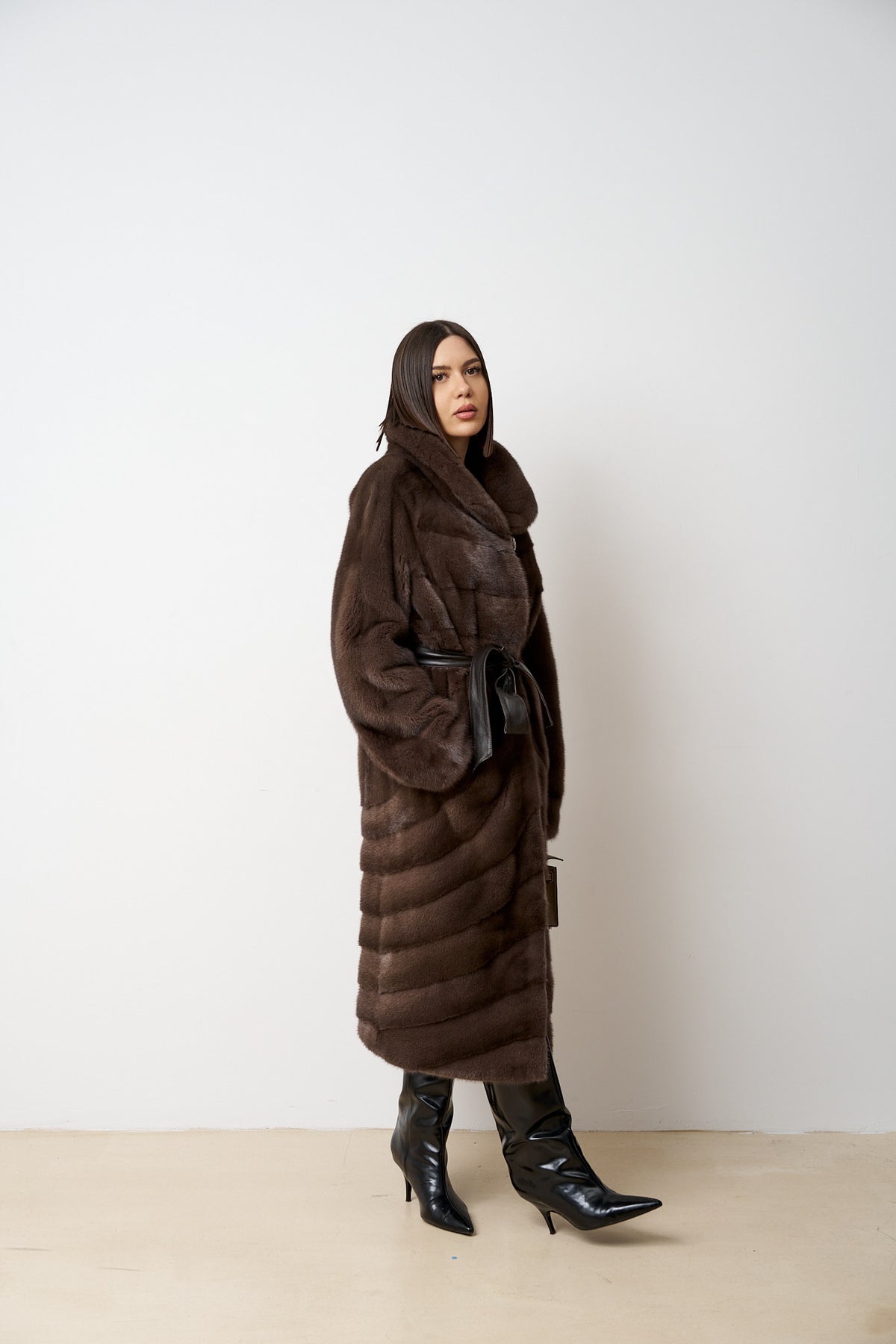 Natural Mink Fur Coat with Cord, Brown, Mareus
