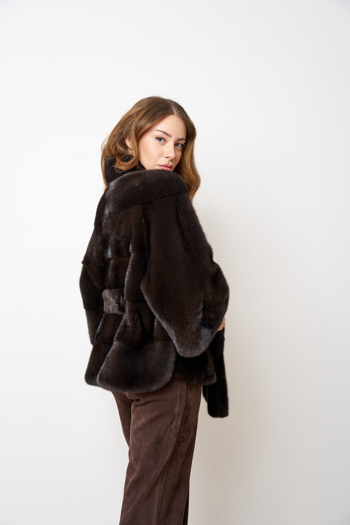 Haină din Blană Naturală de Vizon, cu Cordon, Femei, Olive Brown 514