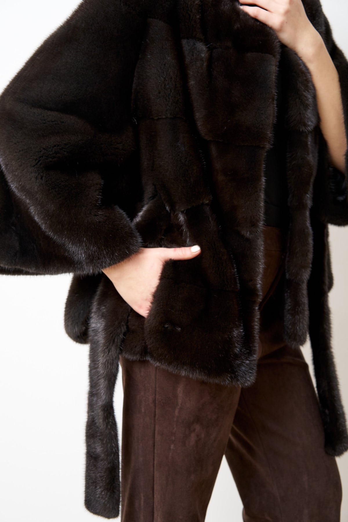 Haină din Blană Naturală de Vizon, cu Cordon, Femei, Olive Brown 514