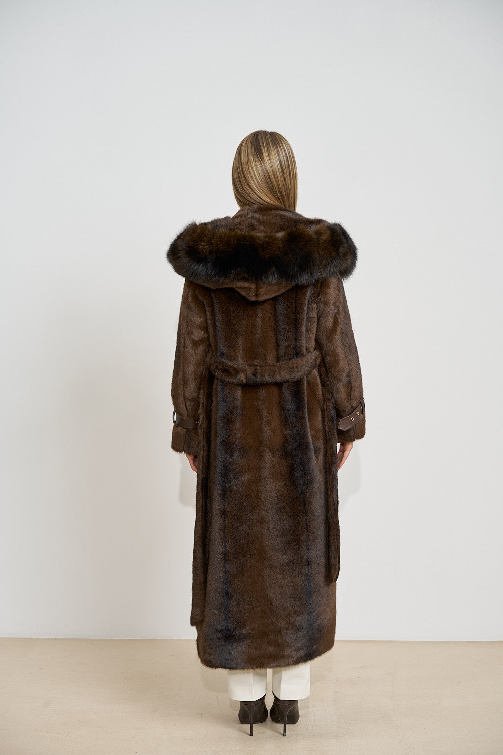 Long Alcantara Coat with Natural Fox Fur Collar, with Hood, Chocolate 701