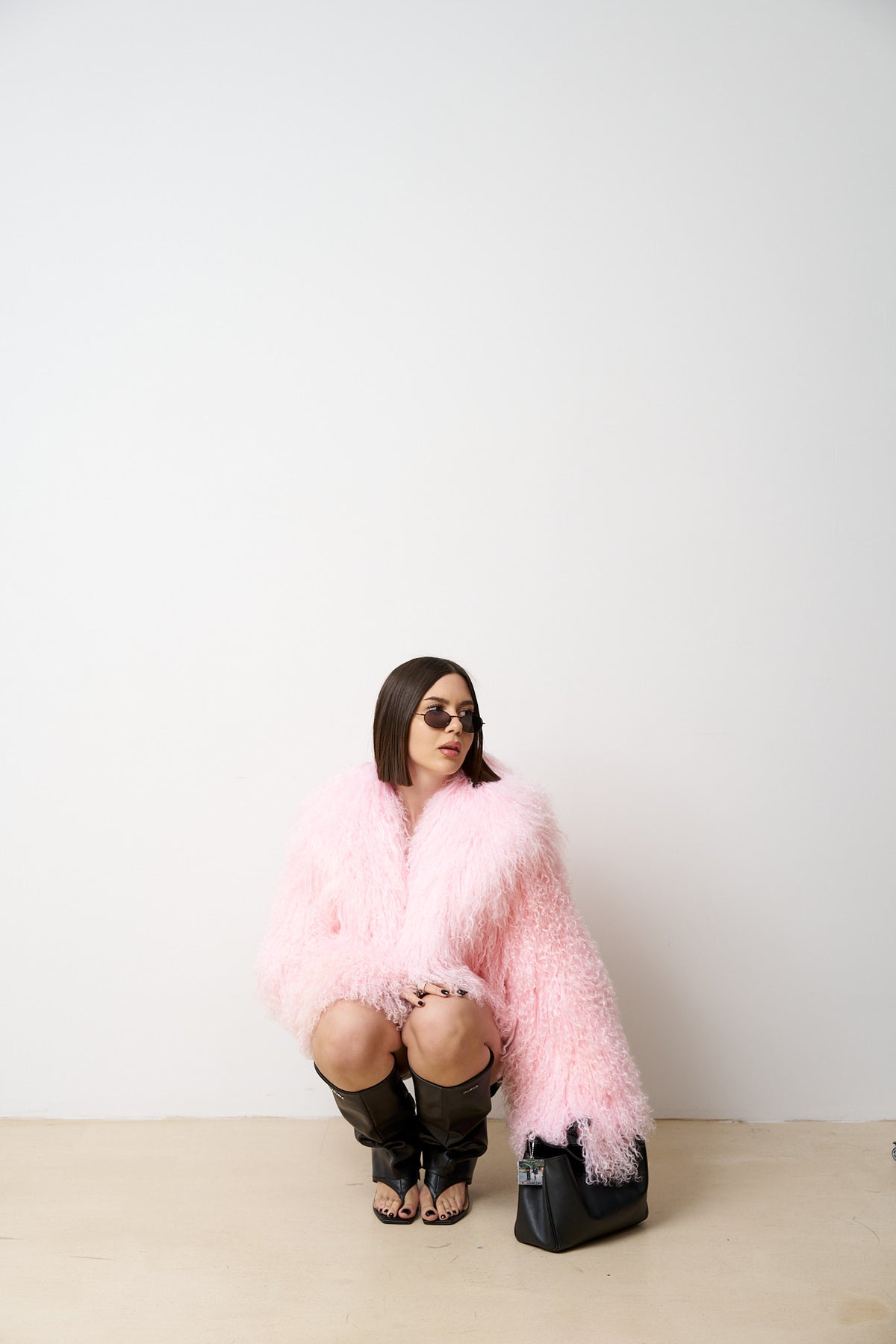 Cappotto di pelle di pecora mongola naturale, corto, colletto con revers, rosa, Mareus