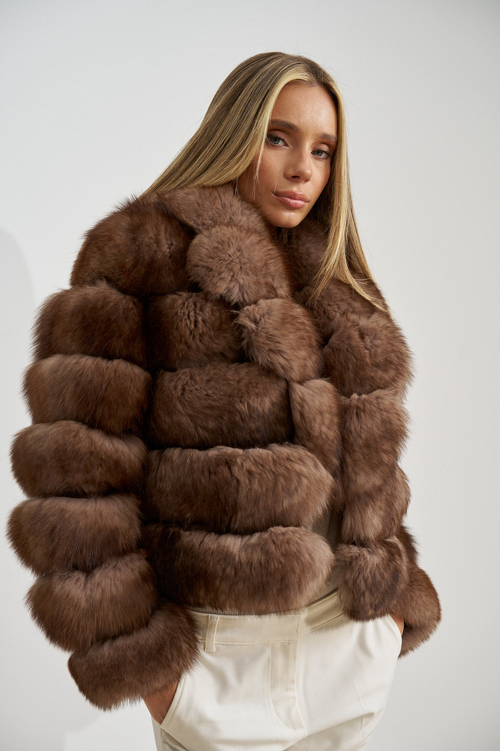 Haină din Blană Naturală de Vulpe Polară, cu Guler Rever, Femei, Mocha Glaze 468
