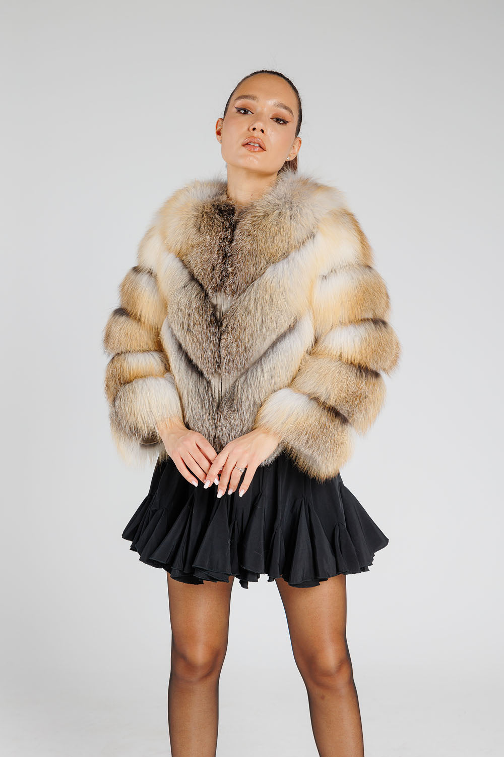 Cappotto in pelliccia naturale di volpe argentata, modello a V, trasformabile, donna, Gold Frost 377