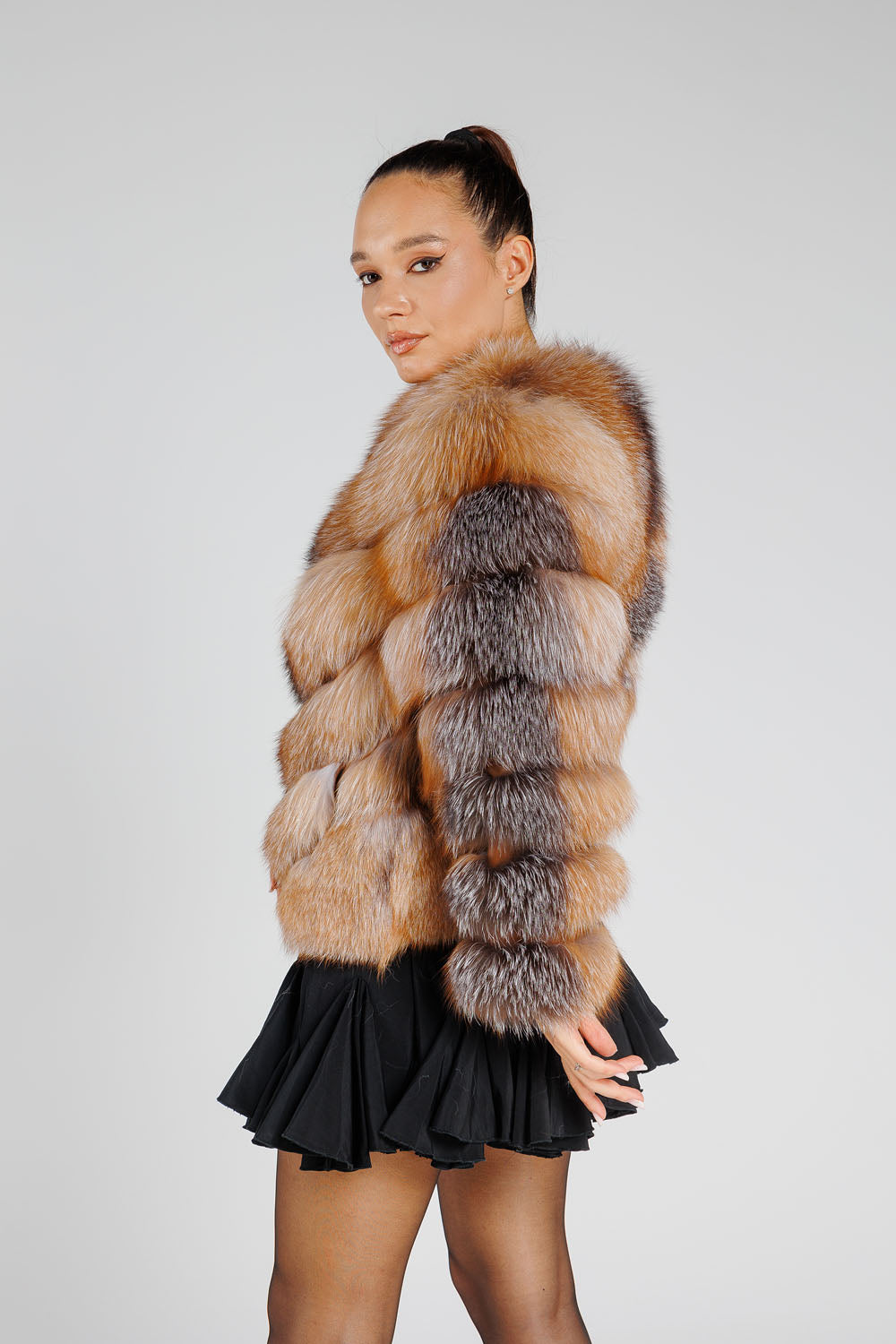 Manteau en fourrure naturelle de renard, modèle en V, pour femmes, Brown Frost 373