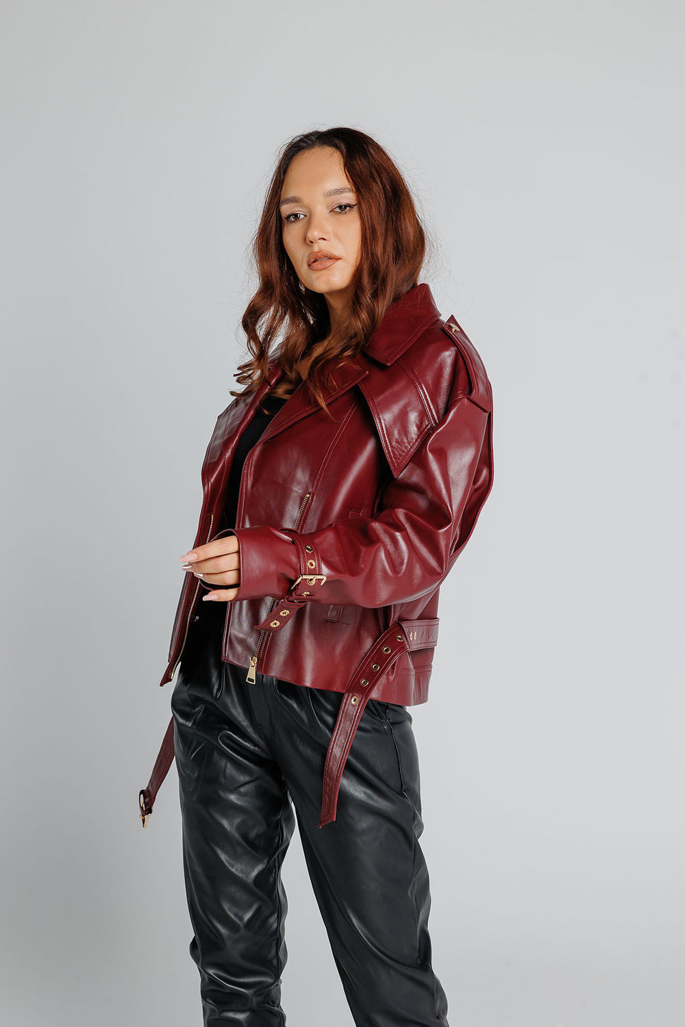 Geacă din Piele Naturală, Oversized, Femei, Burgundy Gold 349