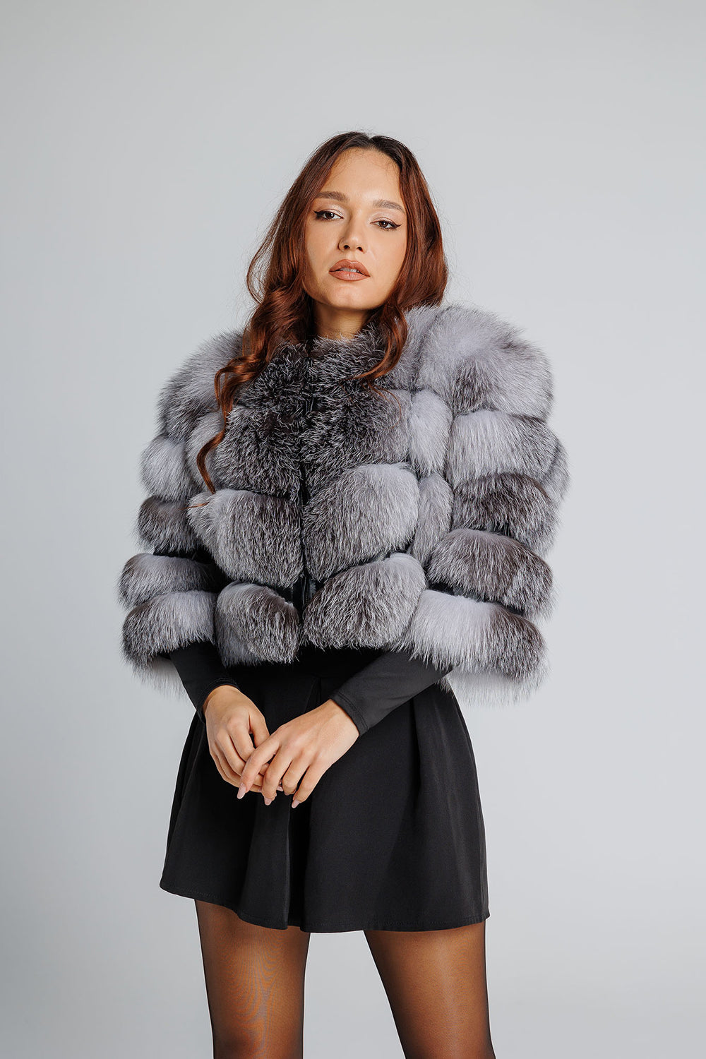 Natürlicher Silberfuchspelzmantel, kurz, Damen, Grey Frost 353