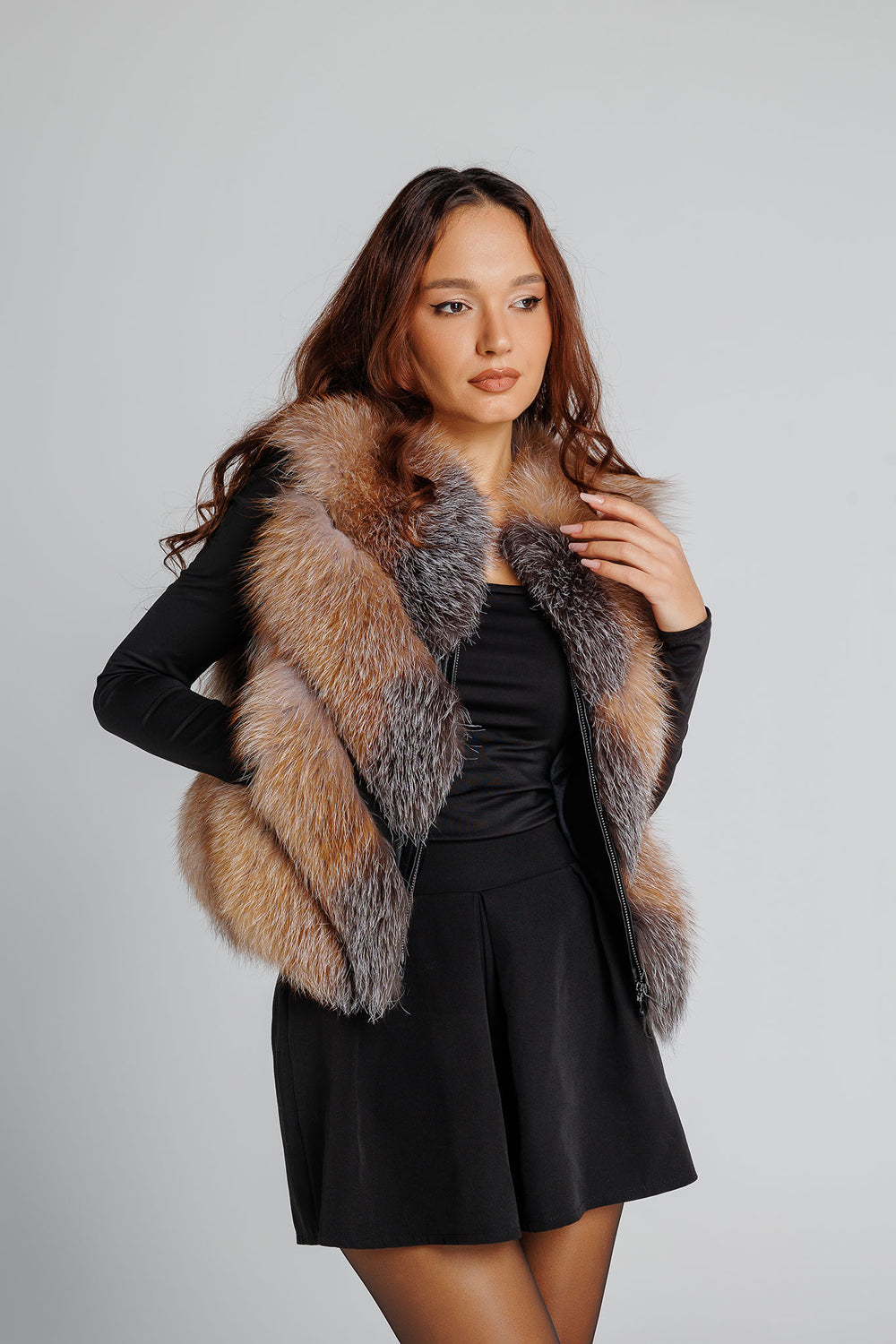 Haină din Blană Naturală de Vulpe Argintie, V Model, Transformabilă, Femei, Brown Frost 350