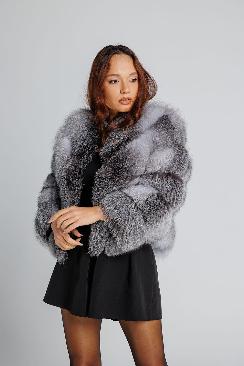 Manteau en fourrure naturelle de renard argenté, modèle en V, transformable, pour femme, Grey Frost 349
