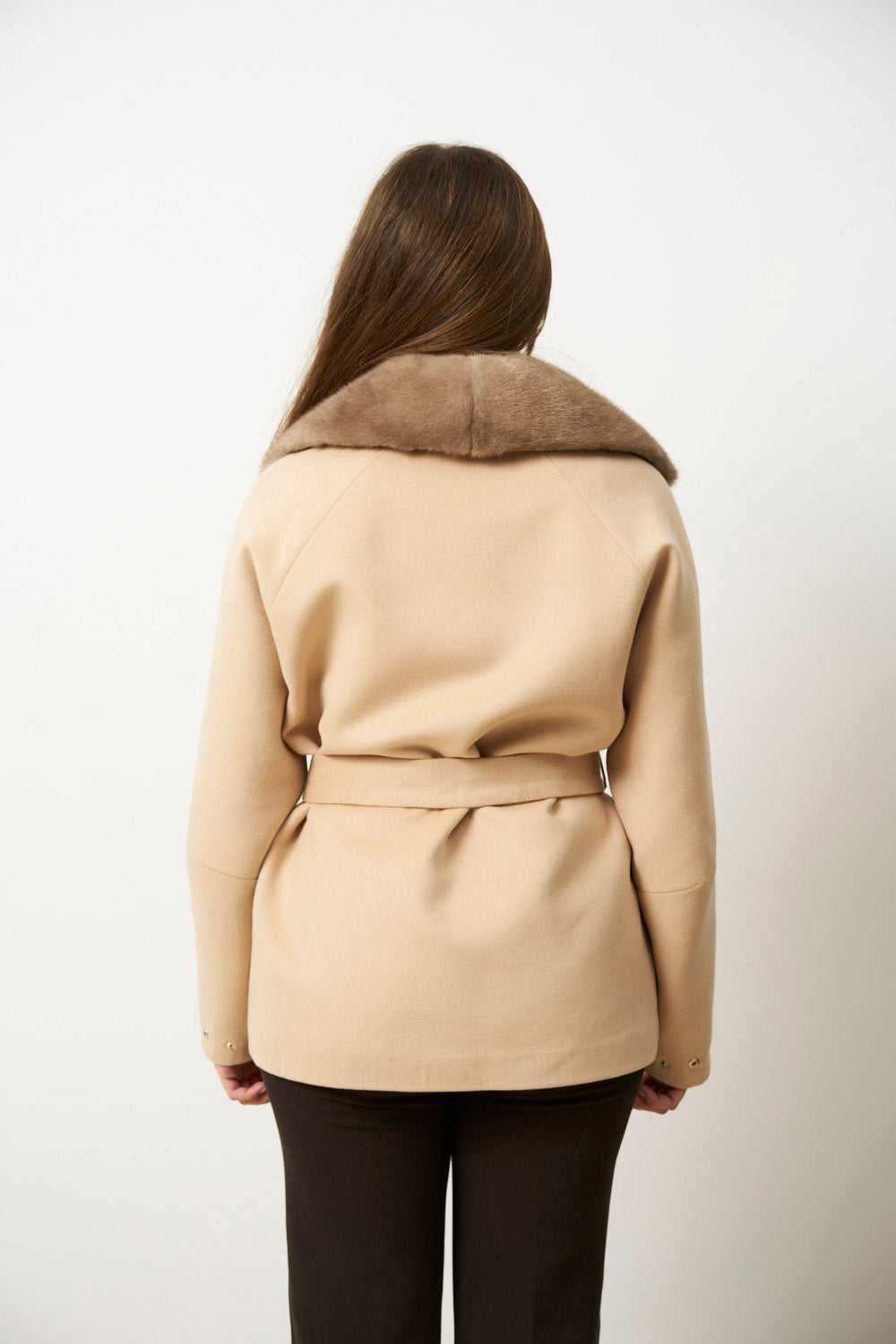 Cappotto in cashmere con collo staccabile in pelliccia di visone, Beige Pastello, Mareus
