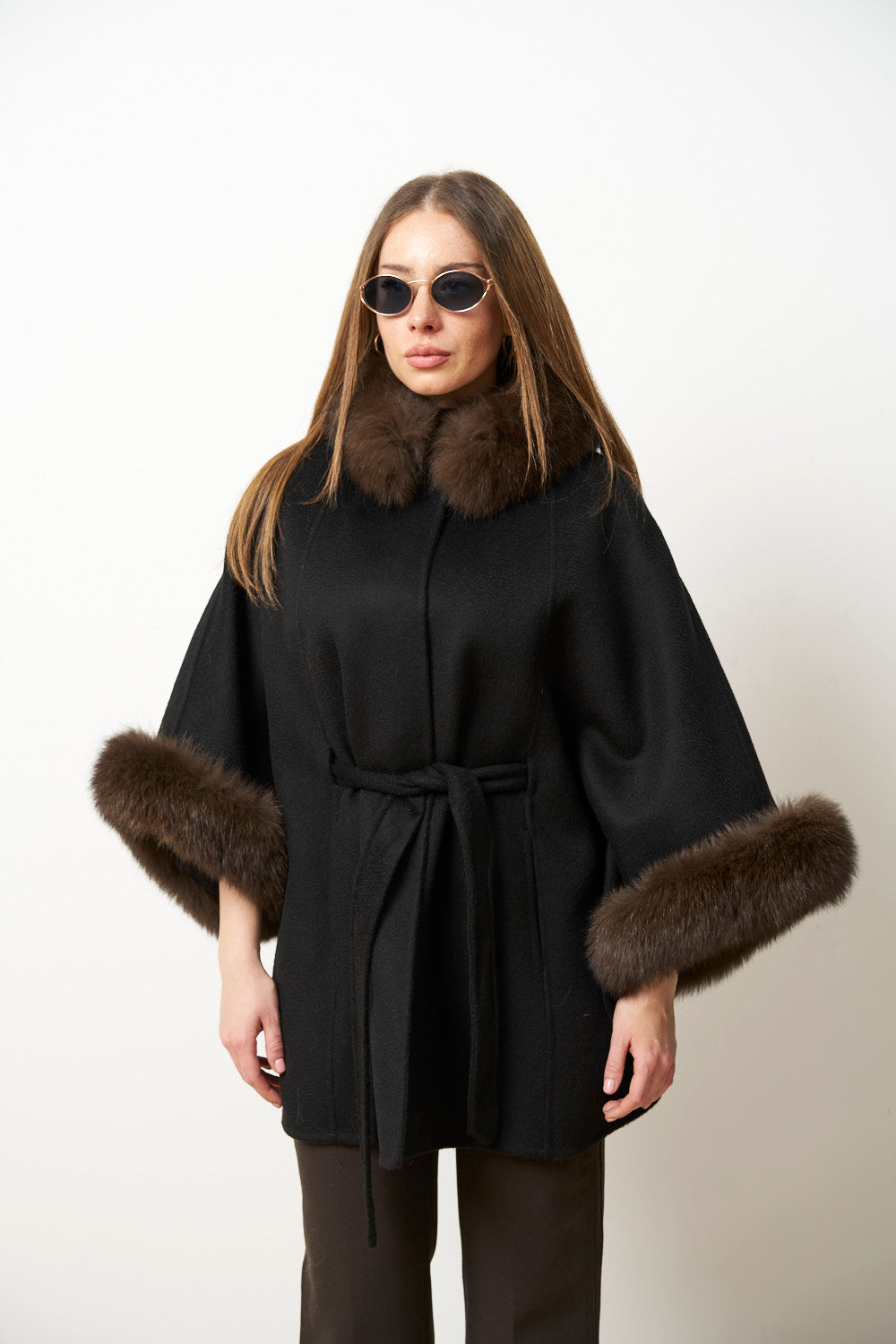 Wool Coat with Fox Fur Collar and Cuffs, Black, Mareus