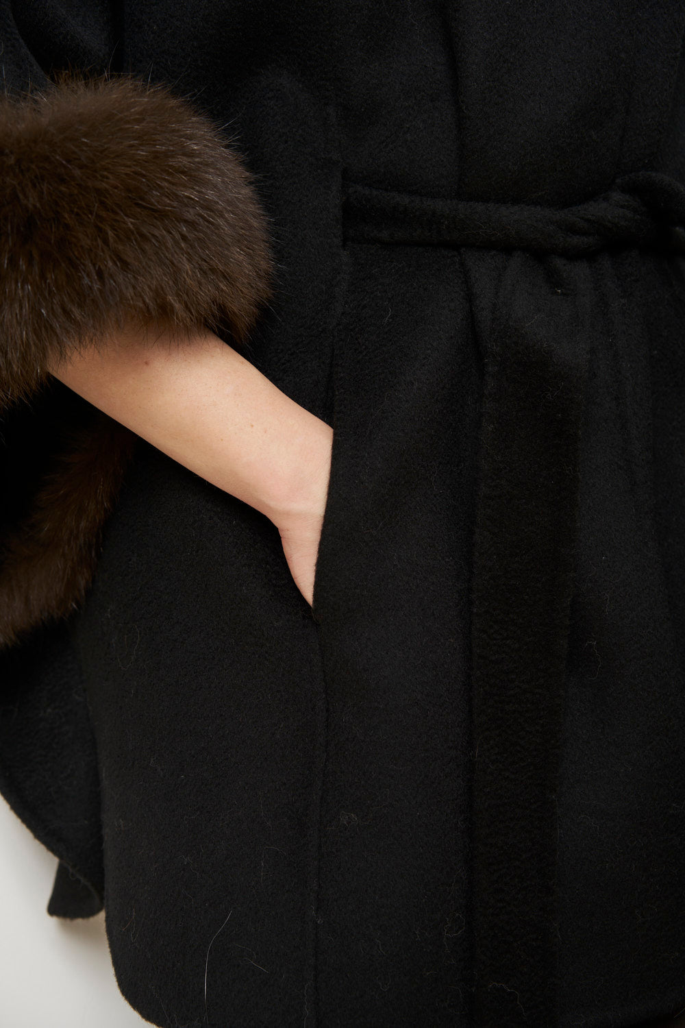 Wool Coat with Fox Fur Collar and Cuffs, Black, Mareus