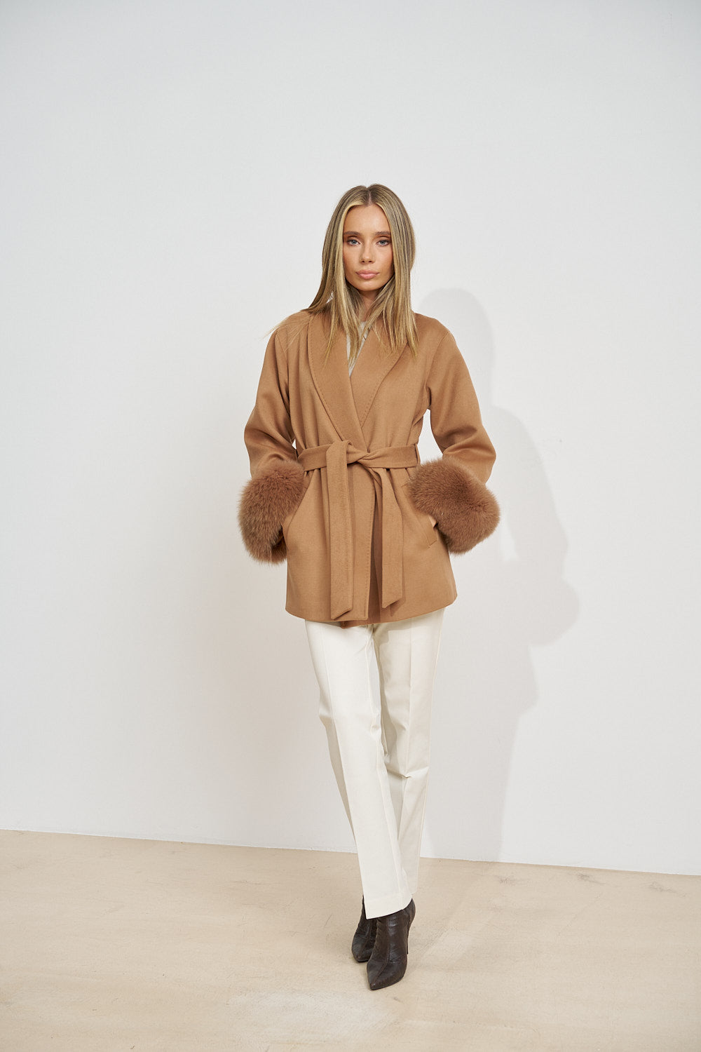 Wool Coat with Natural Fox Fur Cuffs, Camel 671