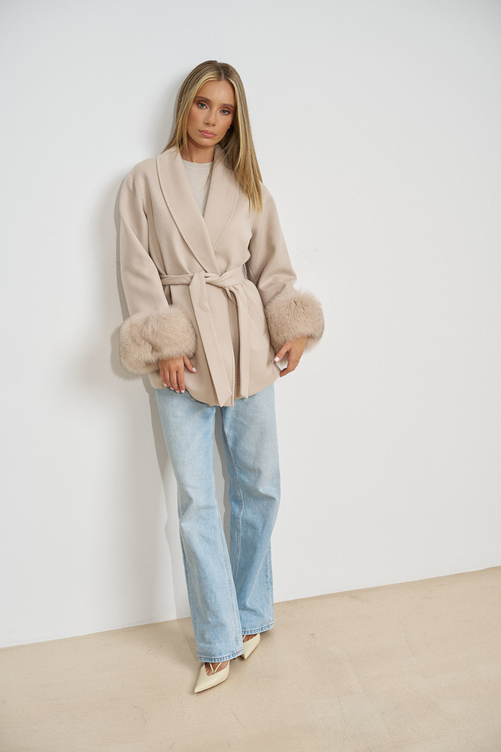 Wool Coat with Genuine Fox Fur Cuffs, Pearl 669
