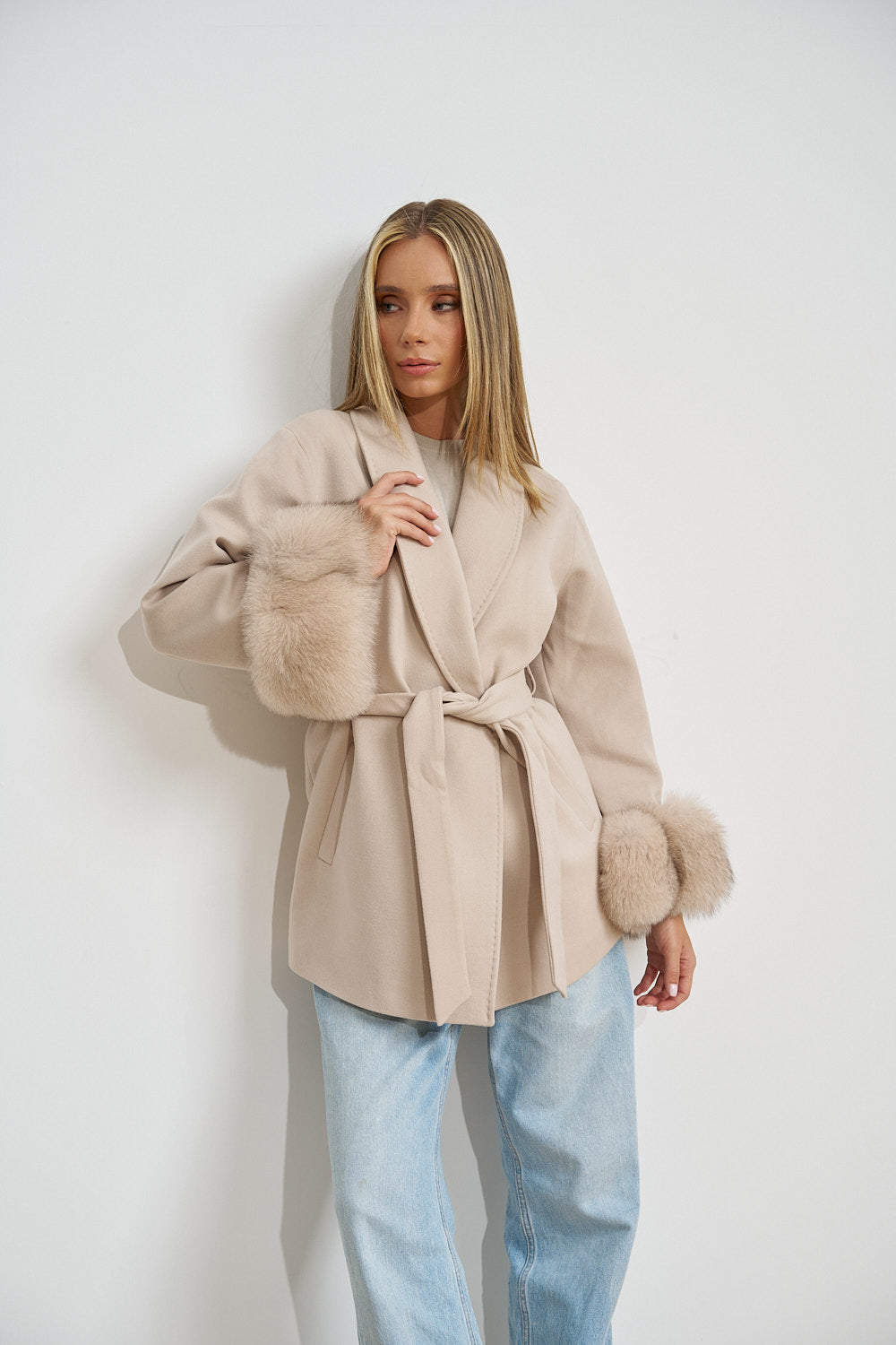 Wool Coat with Genuine Fox Fur Cuffs, Pearl 669