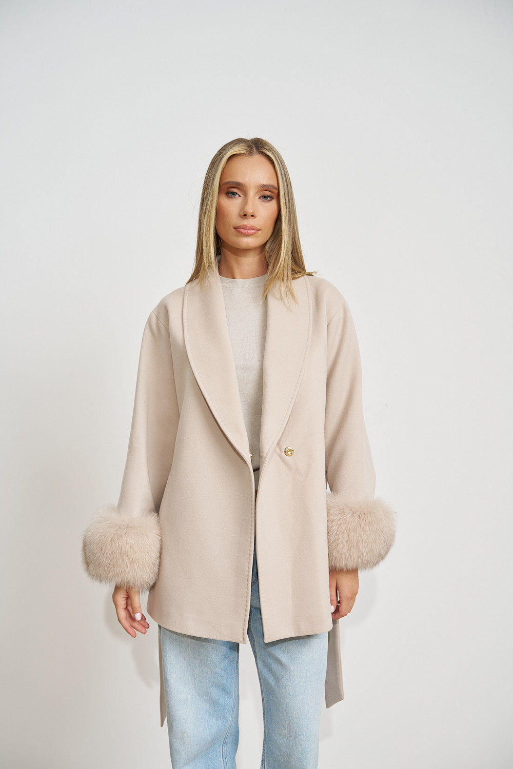 Wool Coat with Genuine Fox Fur Cuffs, Pearl 669