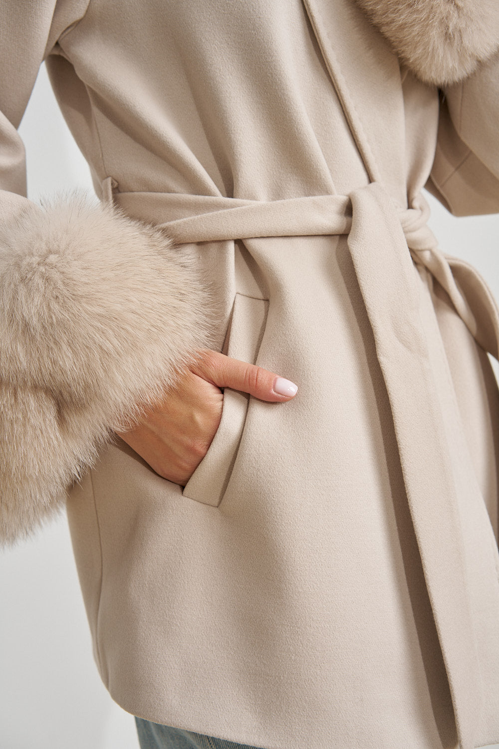 Wool Coat with Genuine Fox Fur Cuffs, Pearl 669