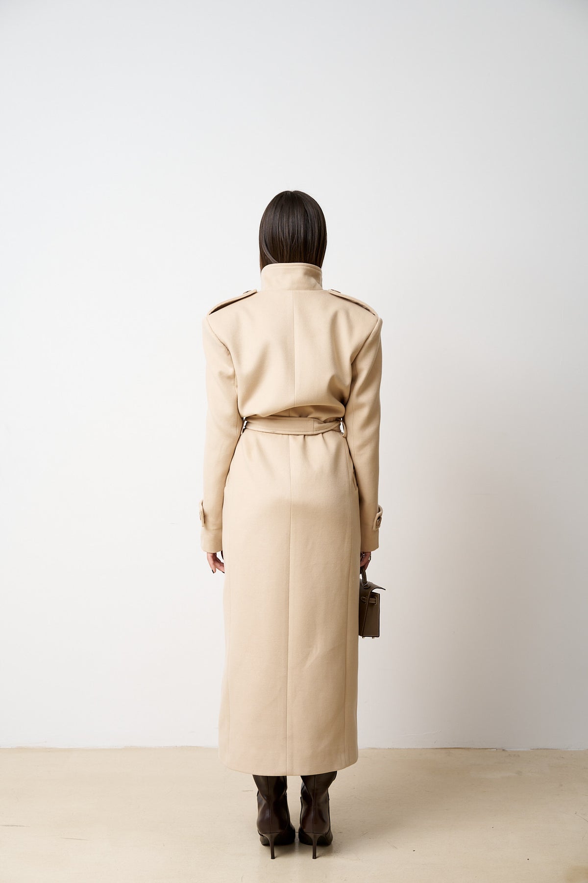 Palton Lung din Lână, cu Cordon, Femei, Sand Beige 523