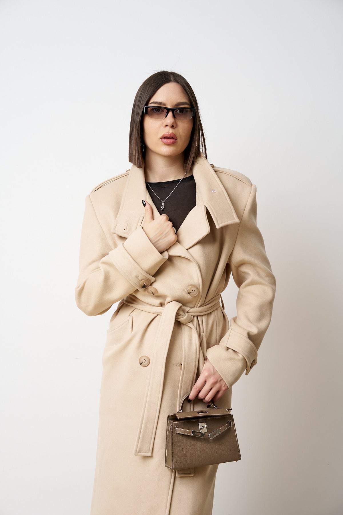 Palton Lung din Lână, cu Cordon, Femei, Sand Beige 523