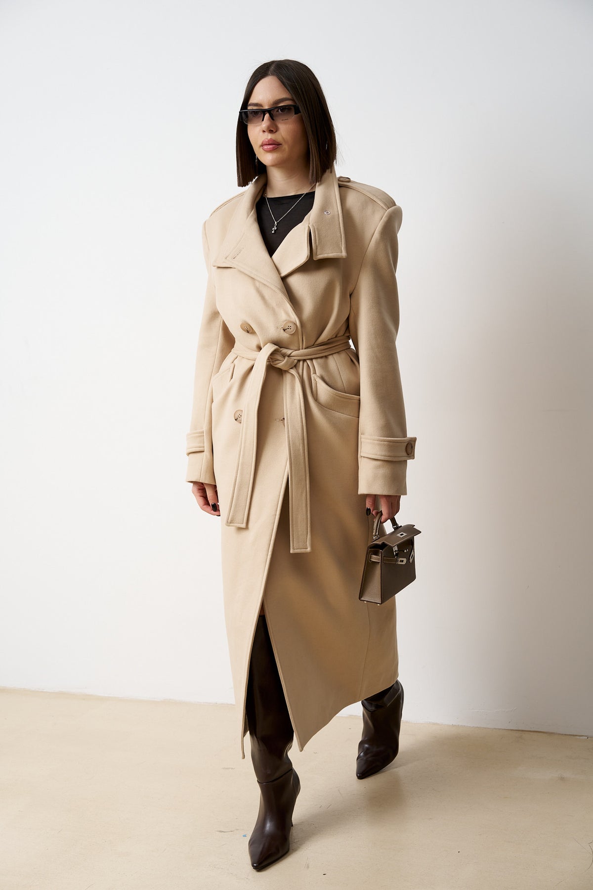 Palton Lung din Lână, cu Cordon, Femei, Sand Beige 523