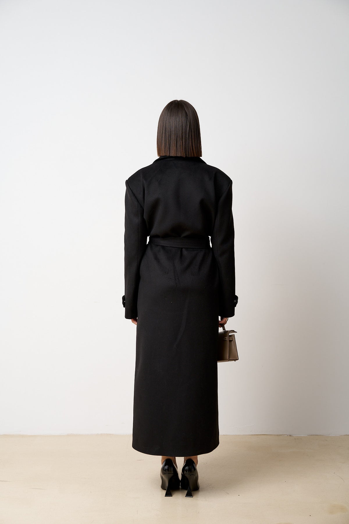 Manteau Long En Laine Avec Cordon De Serrage, Femme, Noir Mat 522